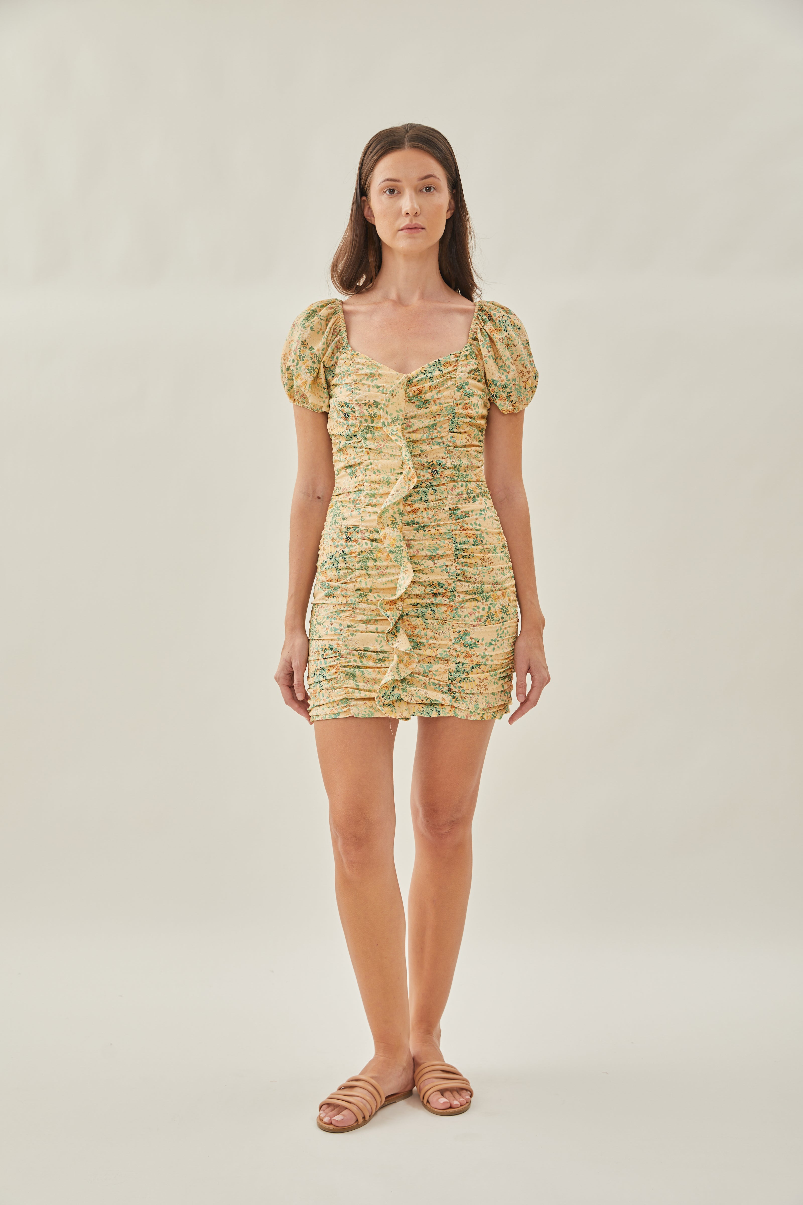Ruched Mini Dress with Ruffles in Canary