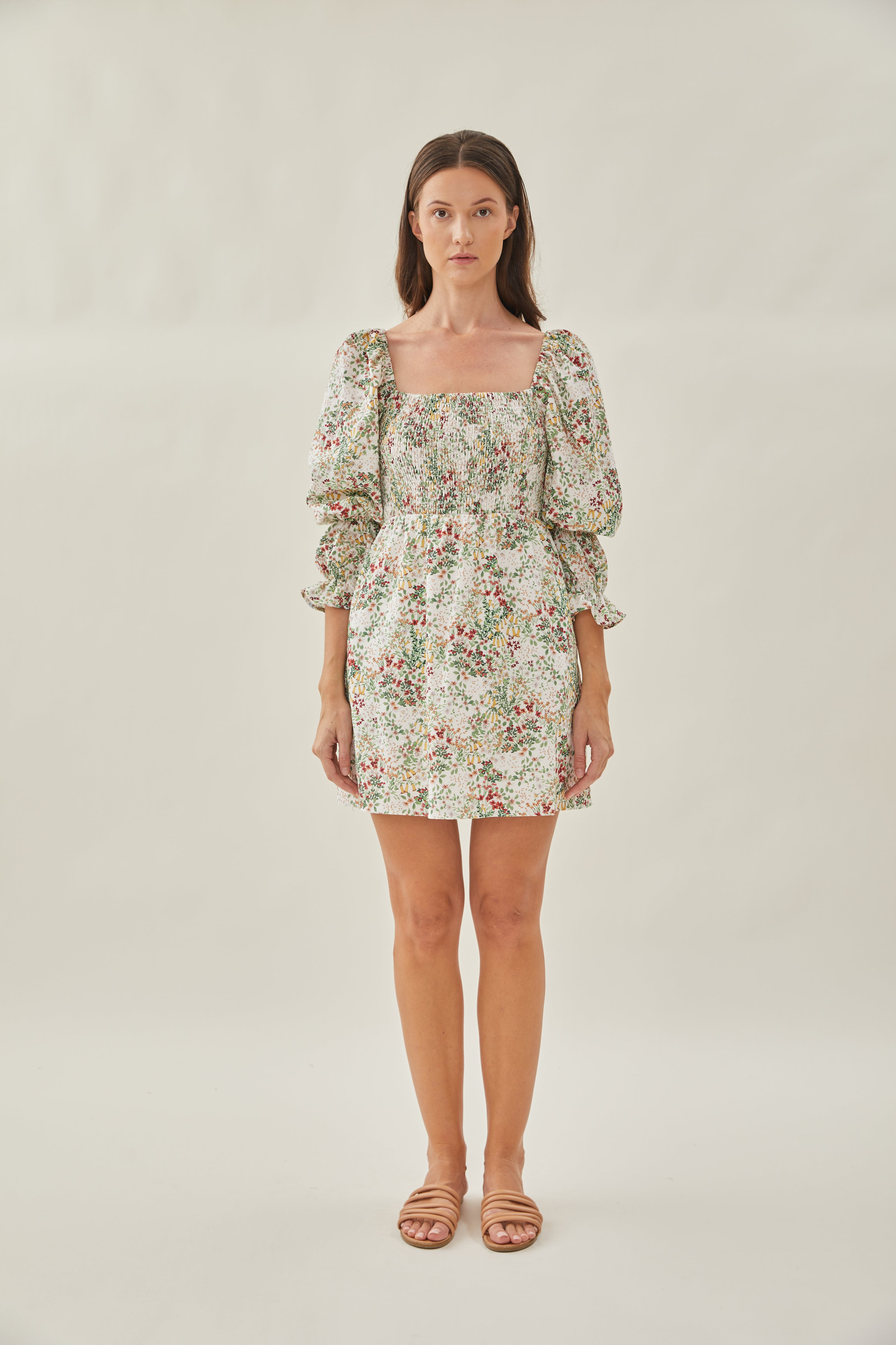 Cotton Shirred Mini Dress in Botany