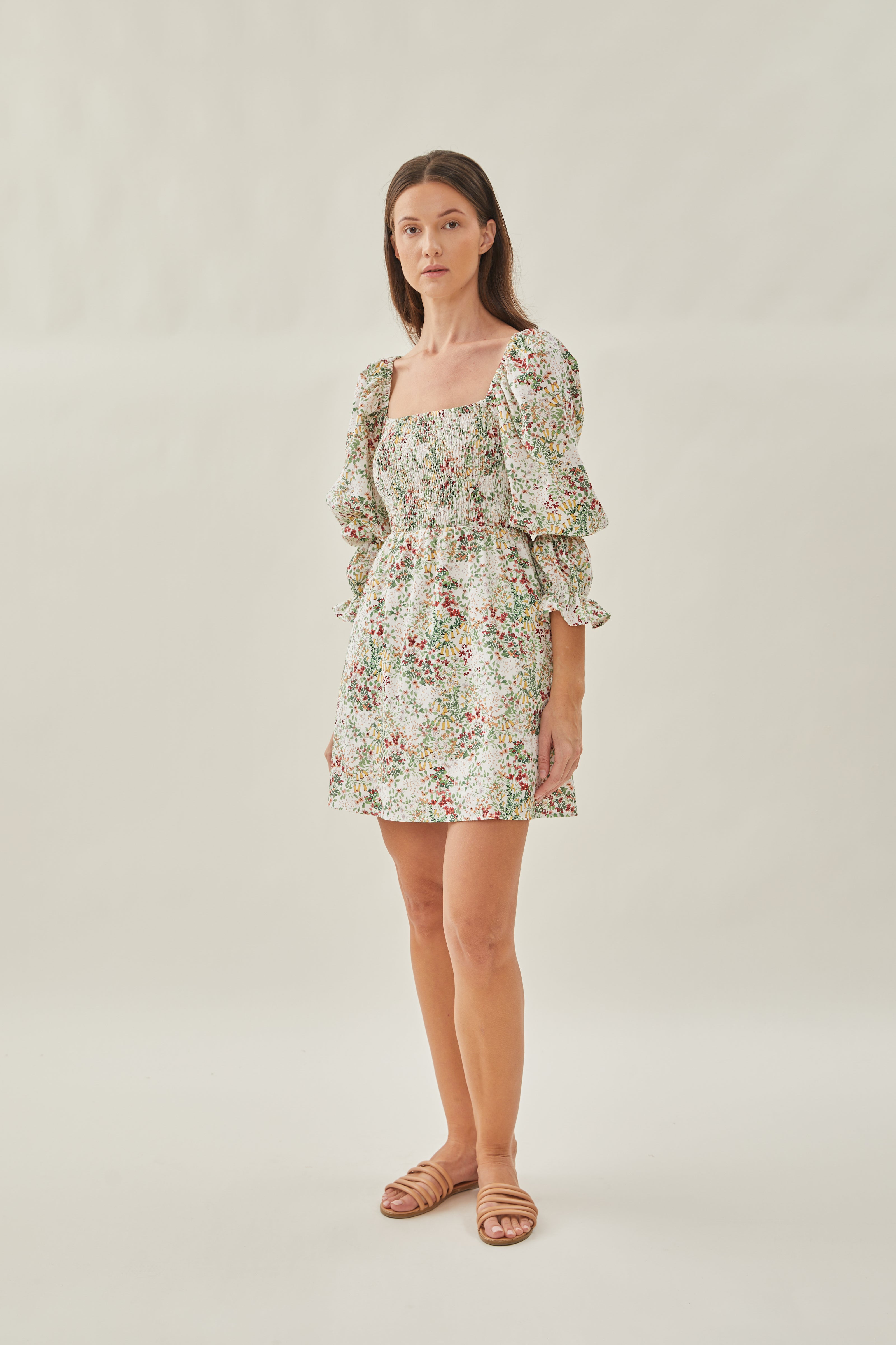 Cotton Shirred Mini Dress in Botany