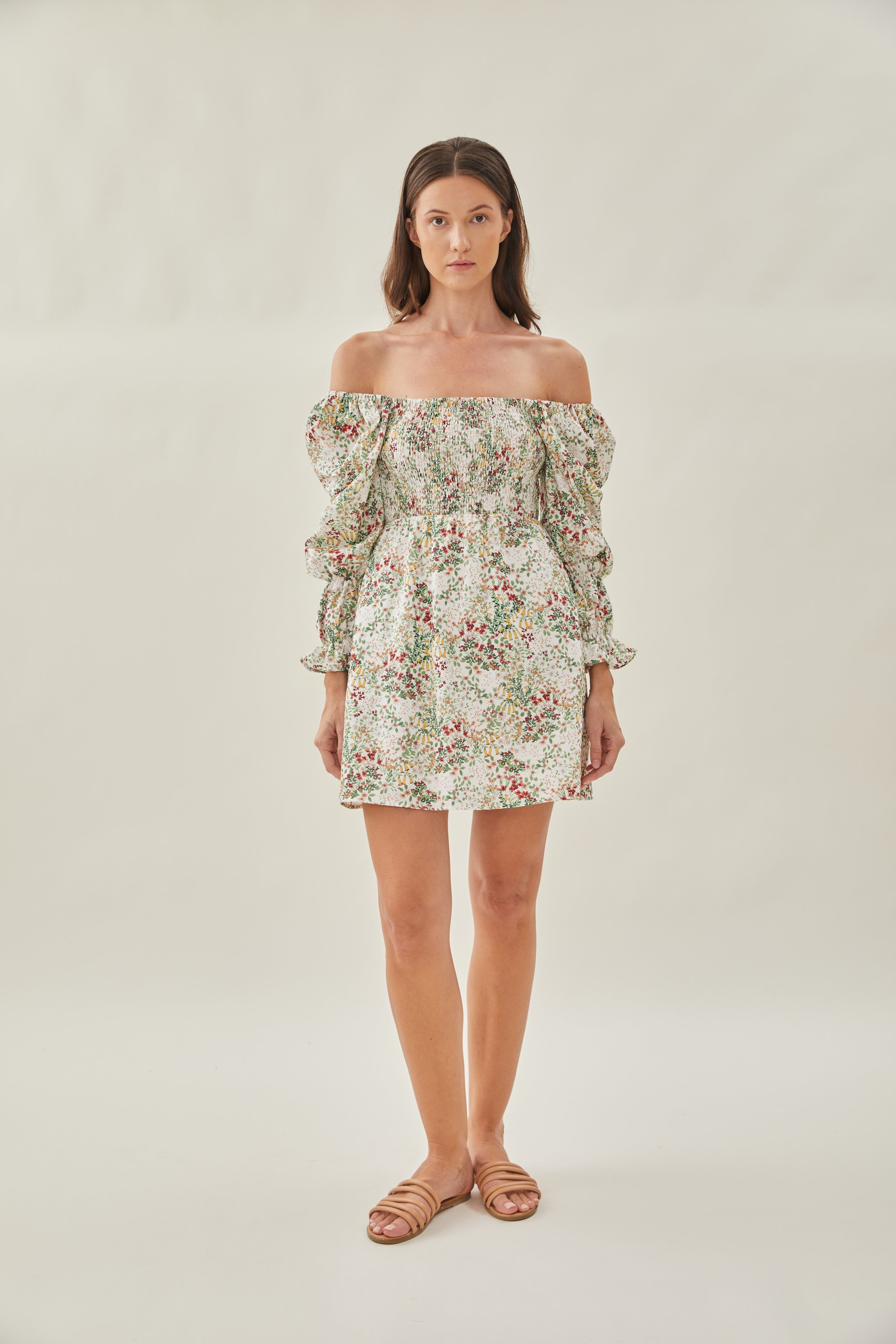 Cotton Shirred Mini Dress in Botany