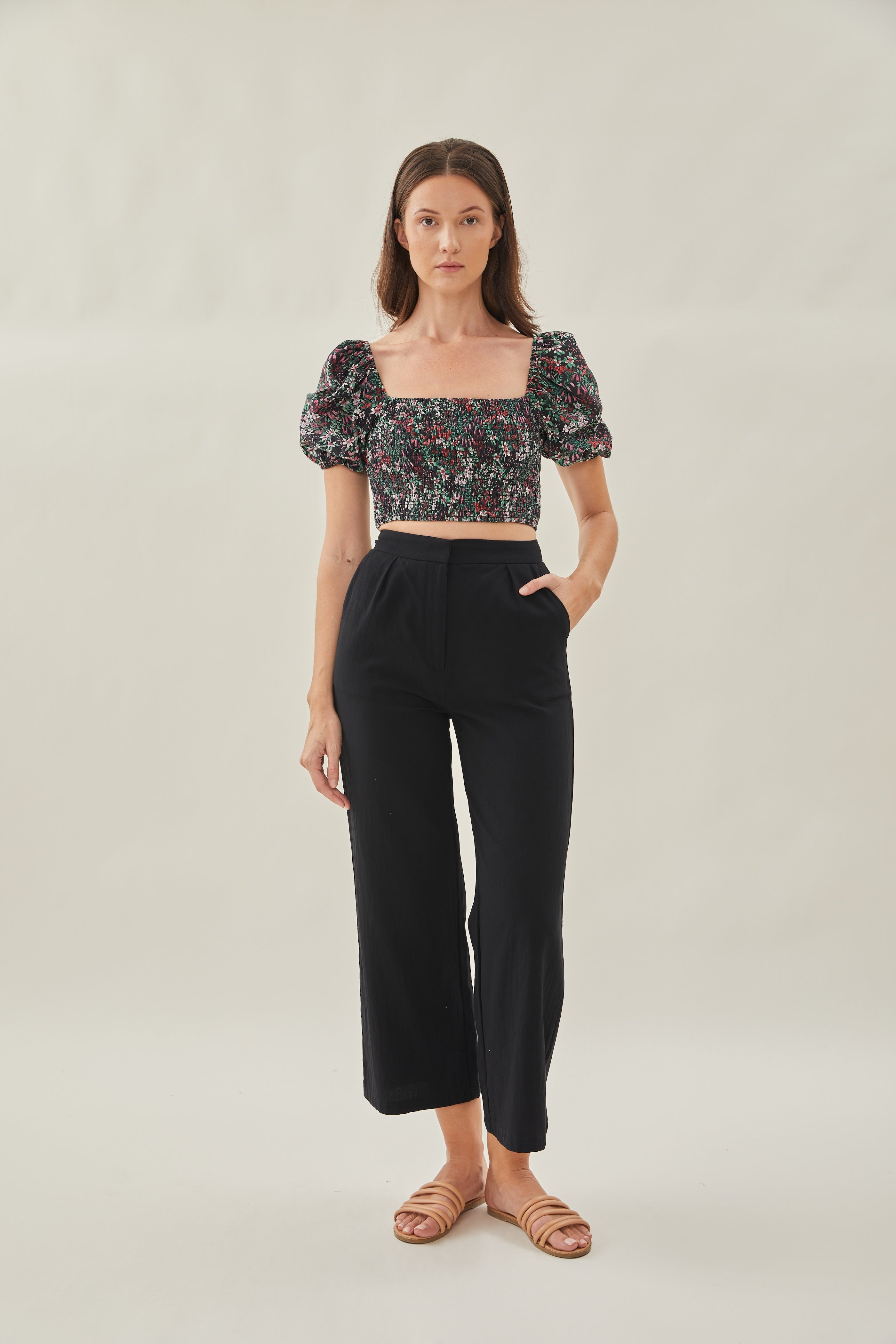 Puffed Sleeved Shirred Cropped Top in Wild