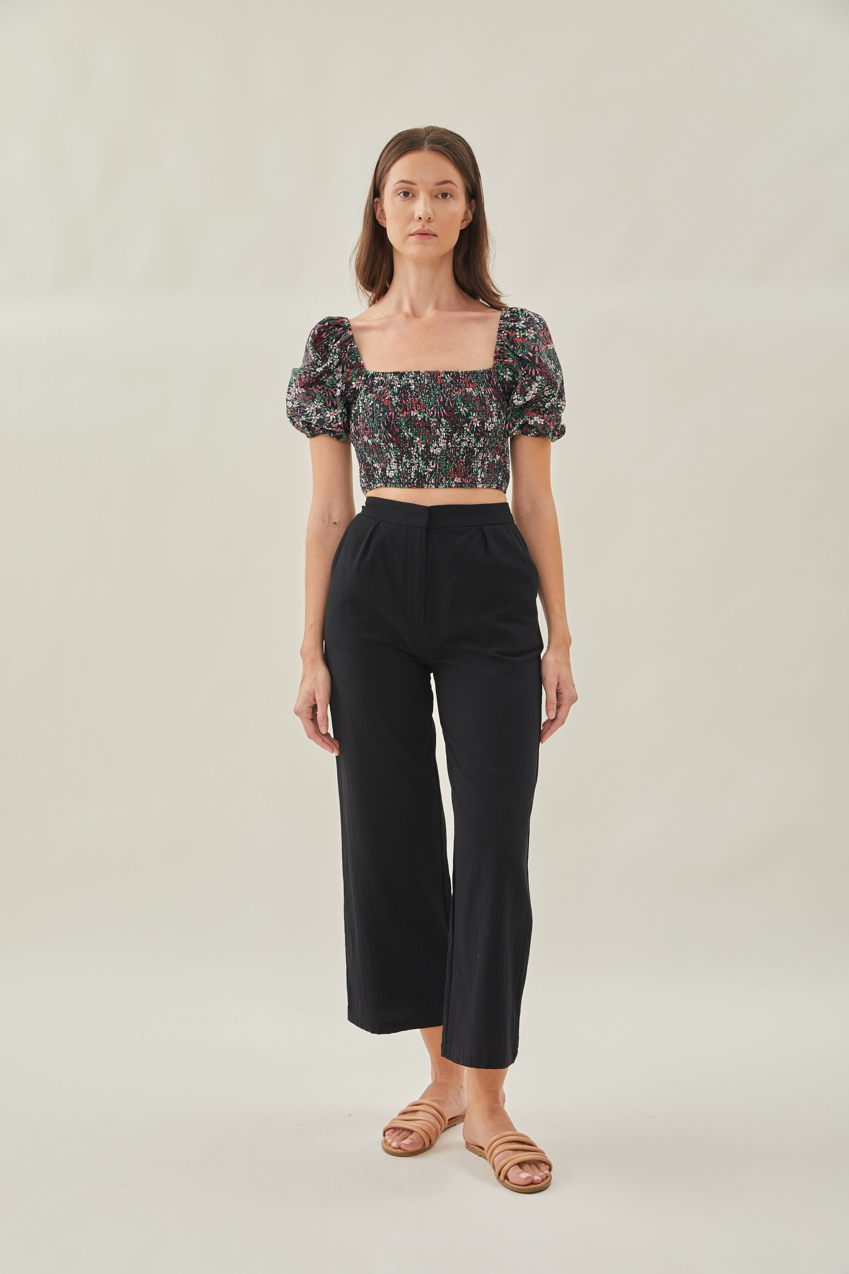 Puffed Sleeved Shirred Cropped Top in Wild