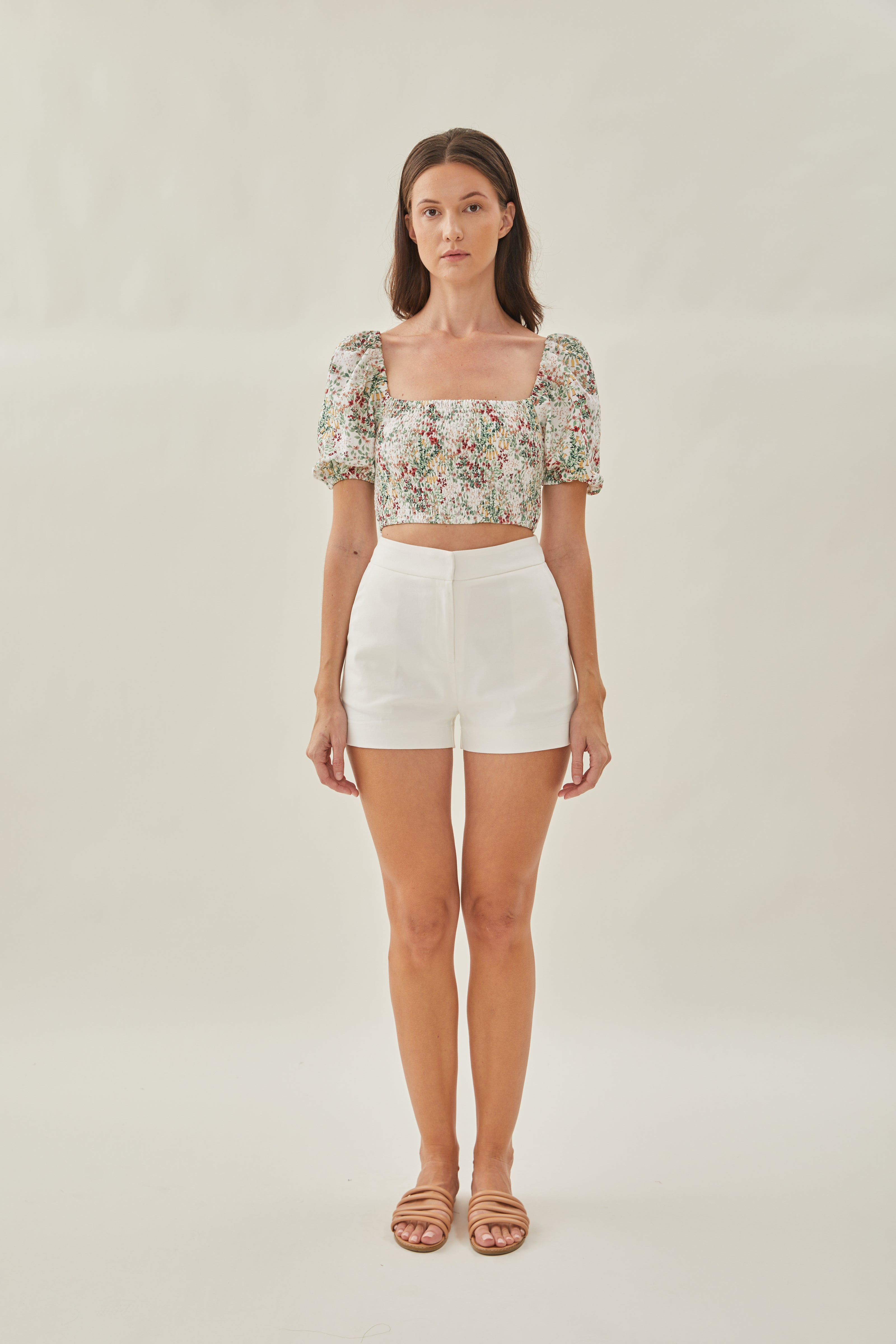 Puffed Sleeved Shirred Cropped Top in Botany