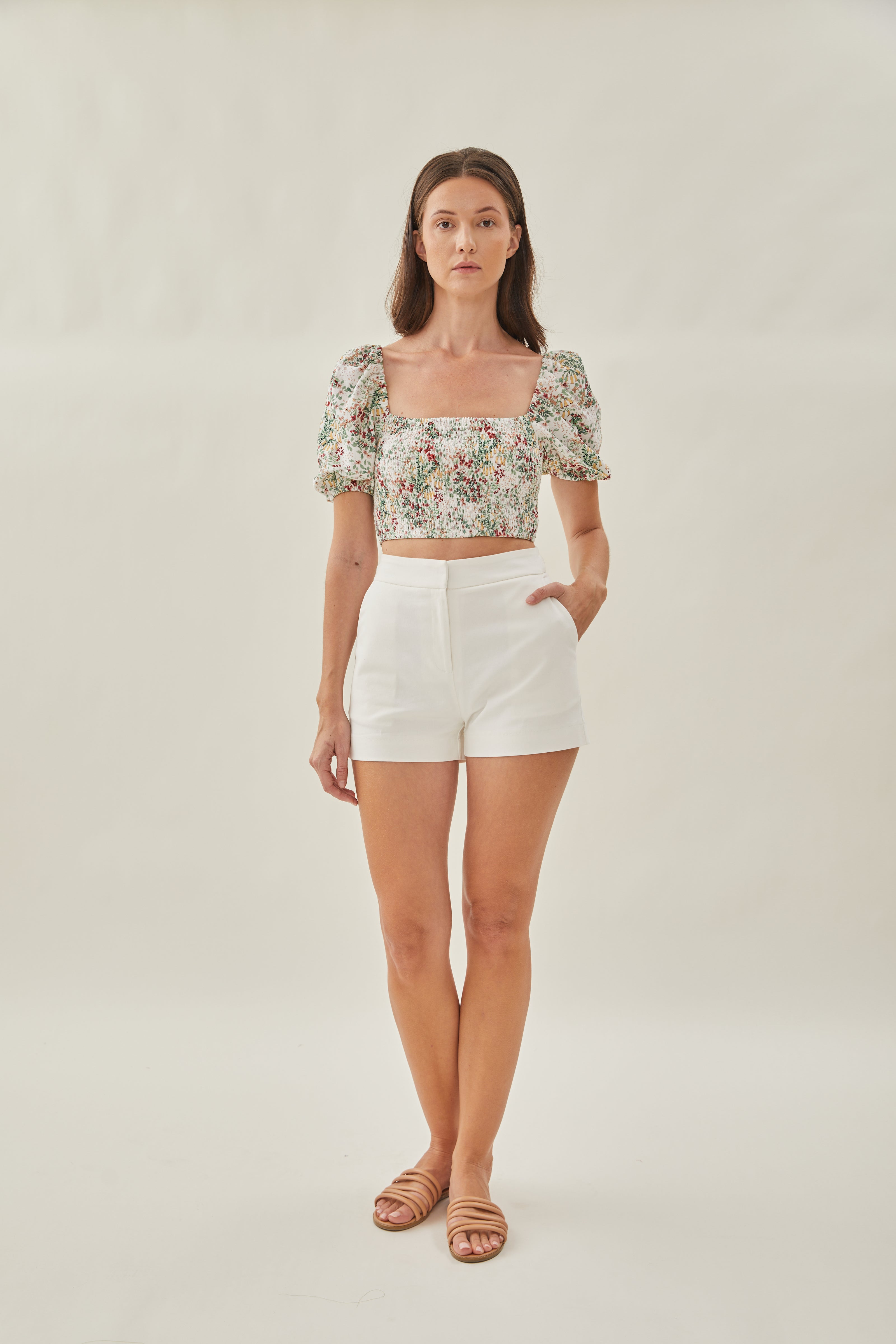 Puffed Sleeved Shirred Cropped Top in Botany