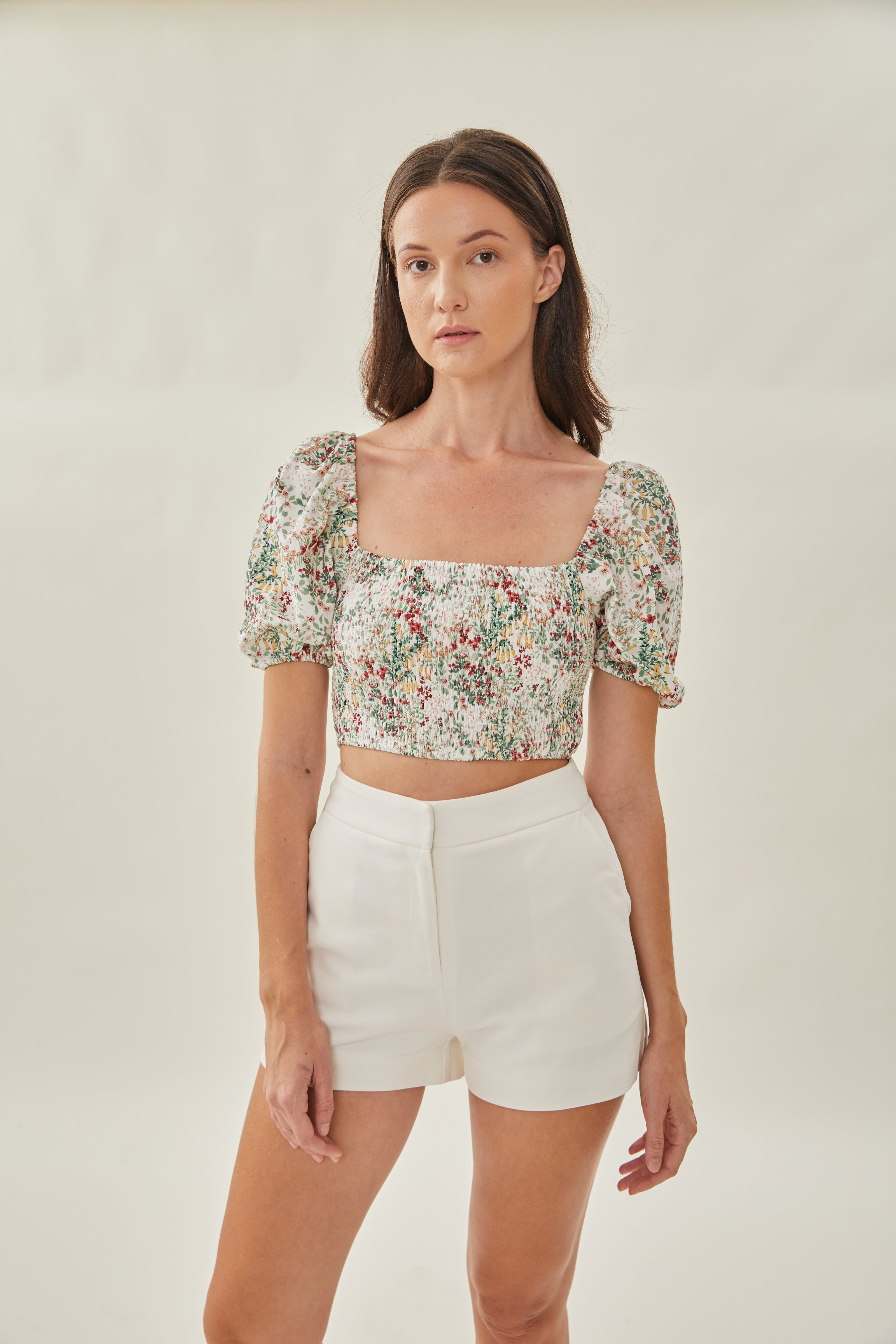 Puffed Sleeved Shirred Cropped Top in Botany