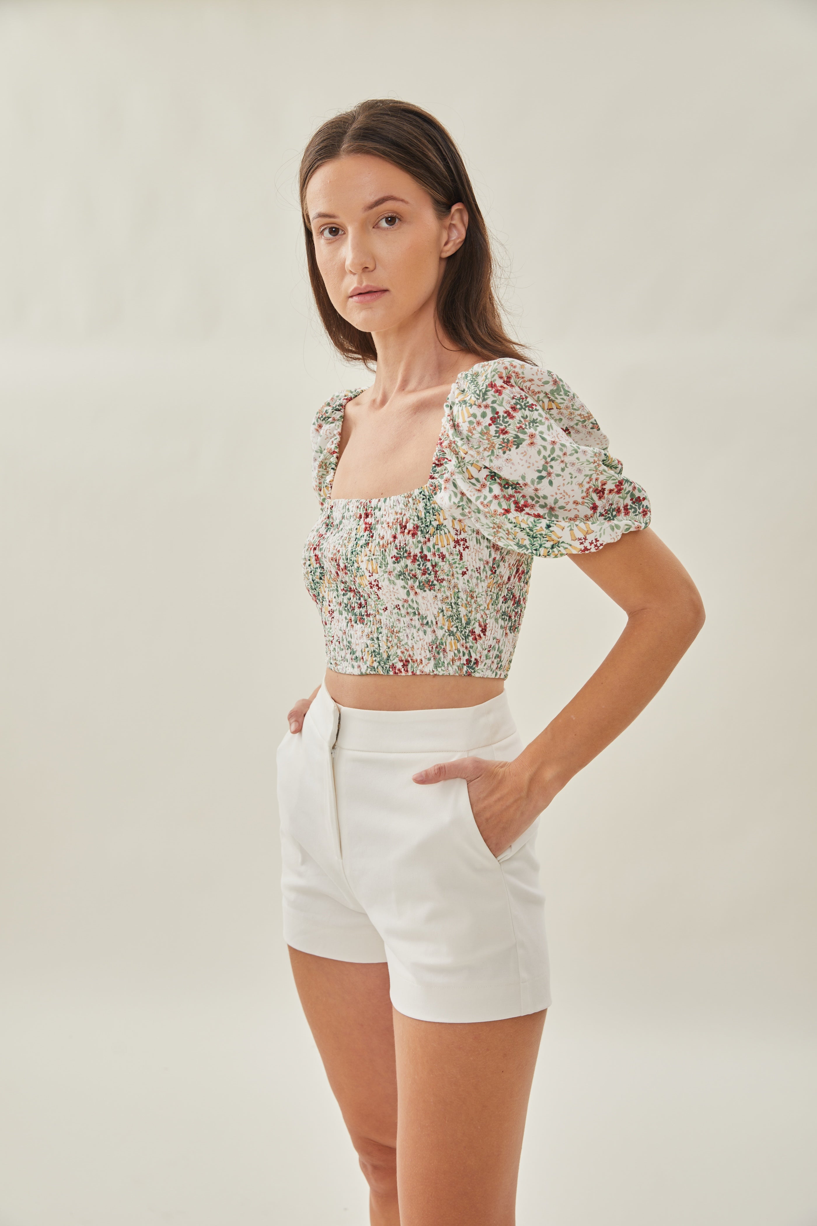 Puffed Sleeved Shirred Cropped Top in Botany
