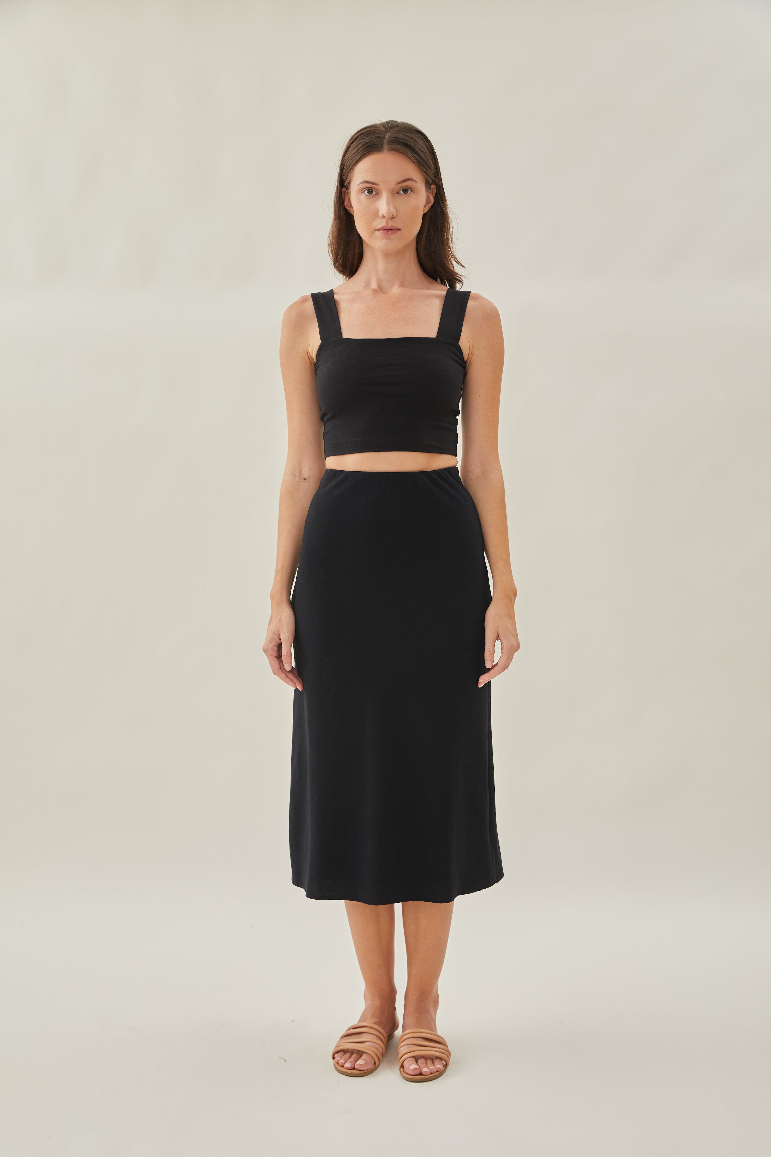 Cotton Straight Midi Skirt in Black