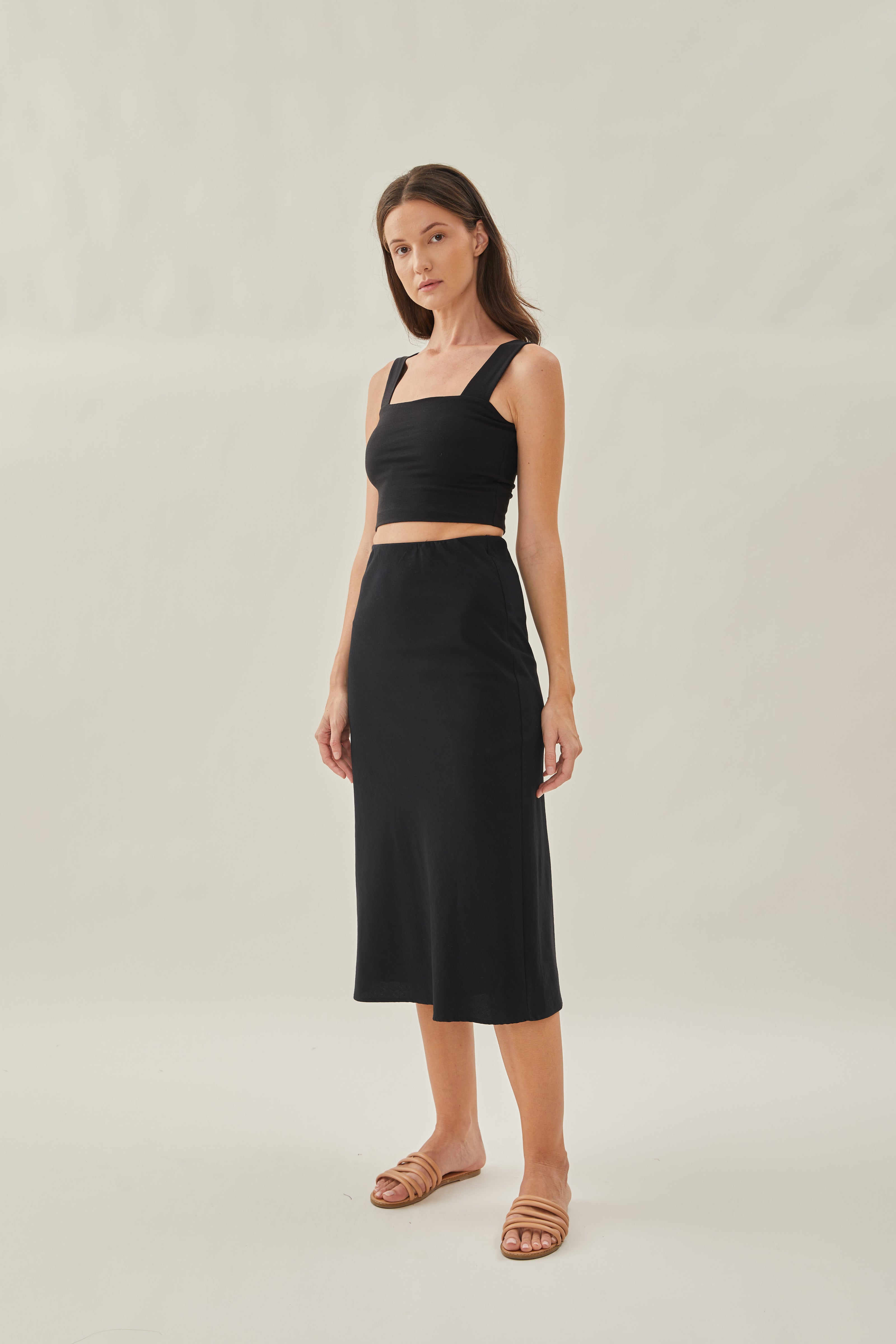 Cotton Straight Midi Skirt in Black