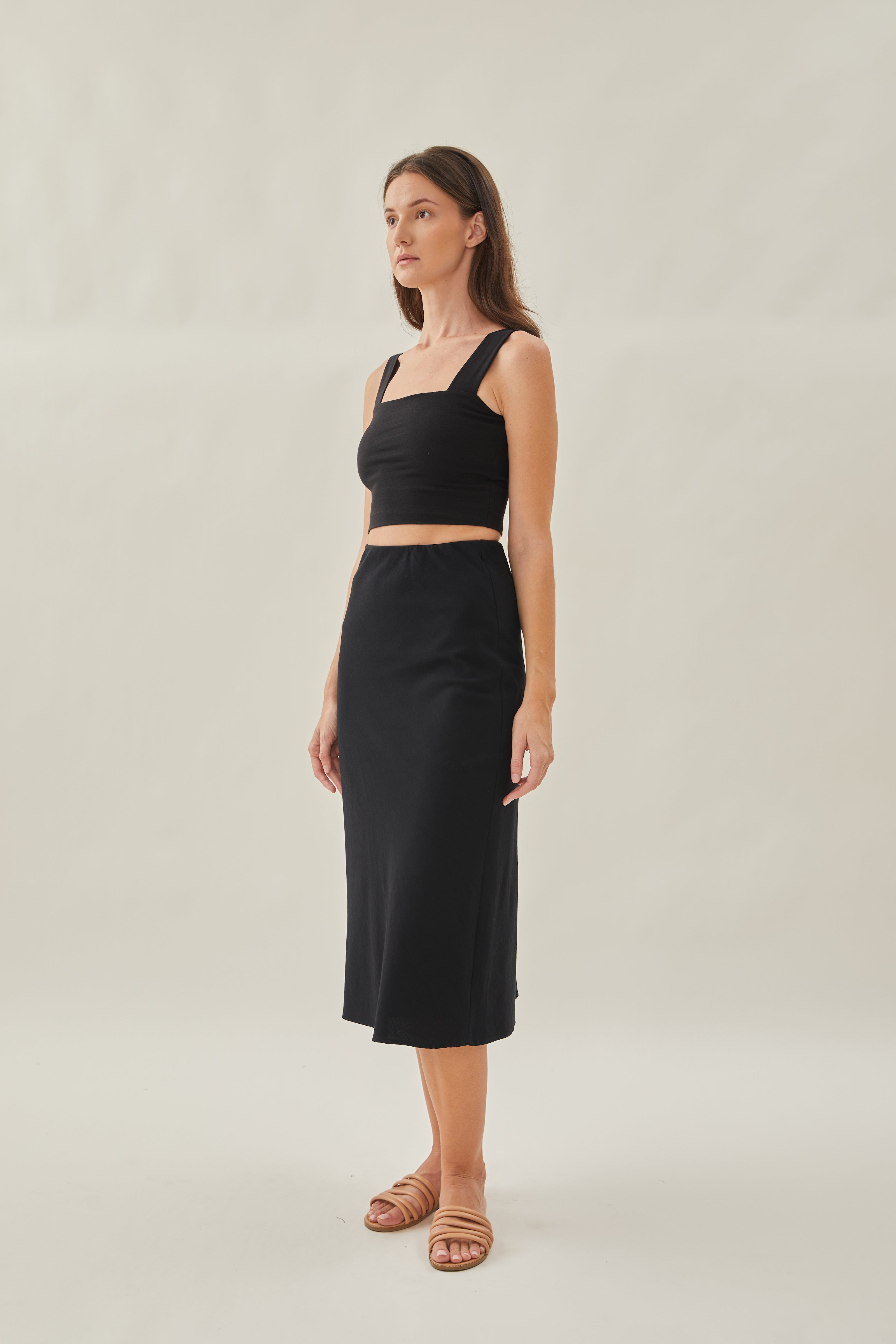 Cotton Straight Midi Skirt in Black