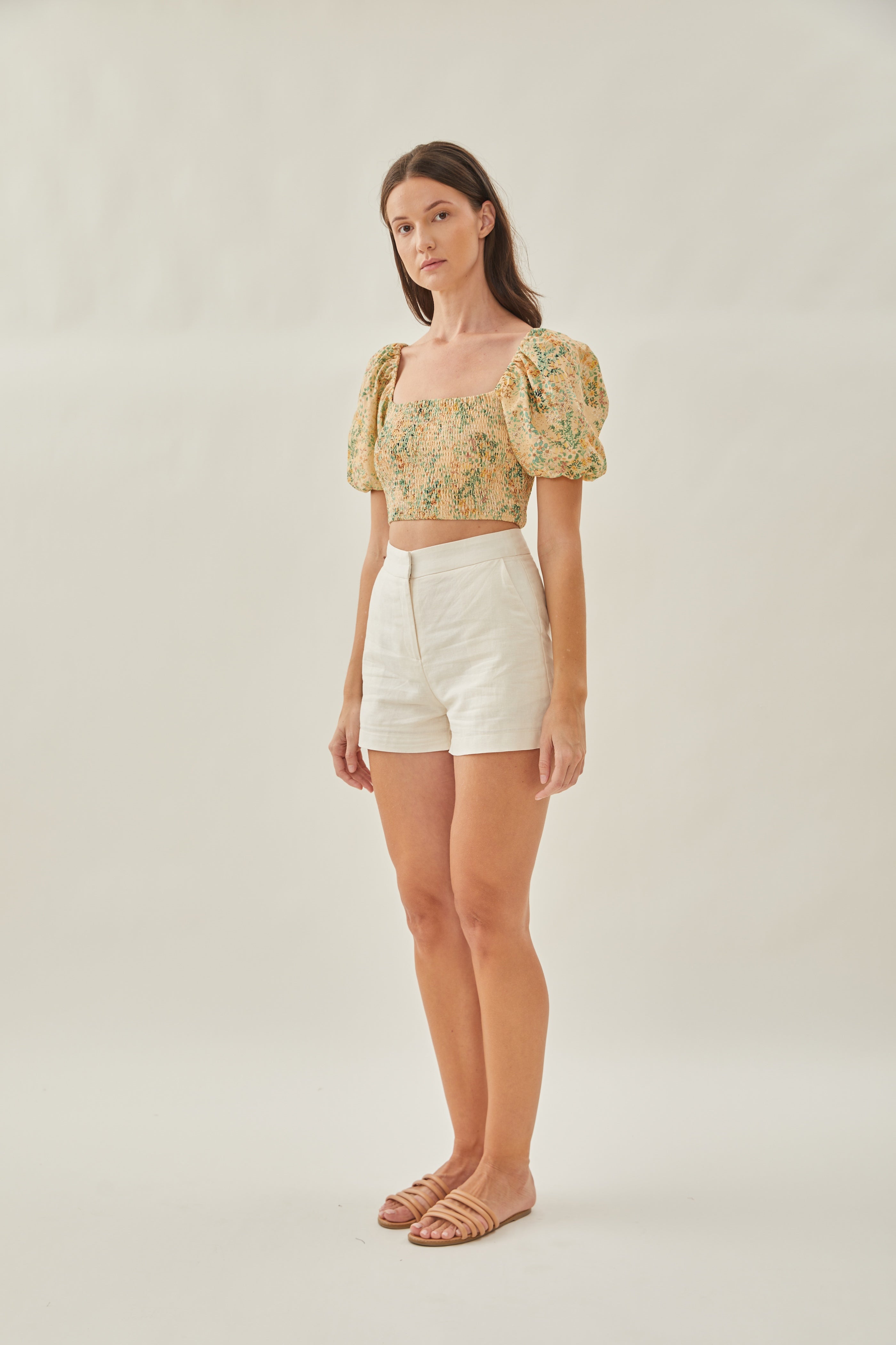 Puffed Sleeved Shirred Cropped Top in Canary