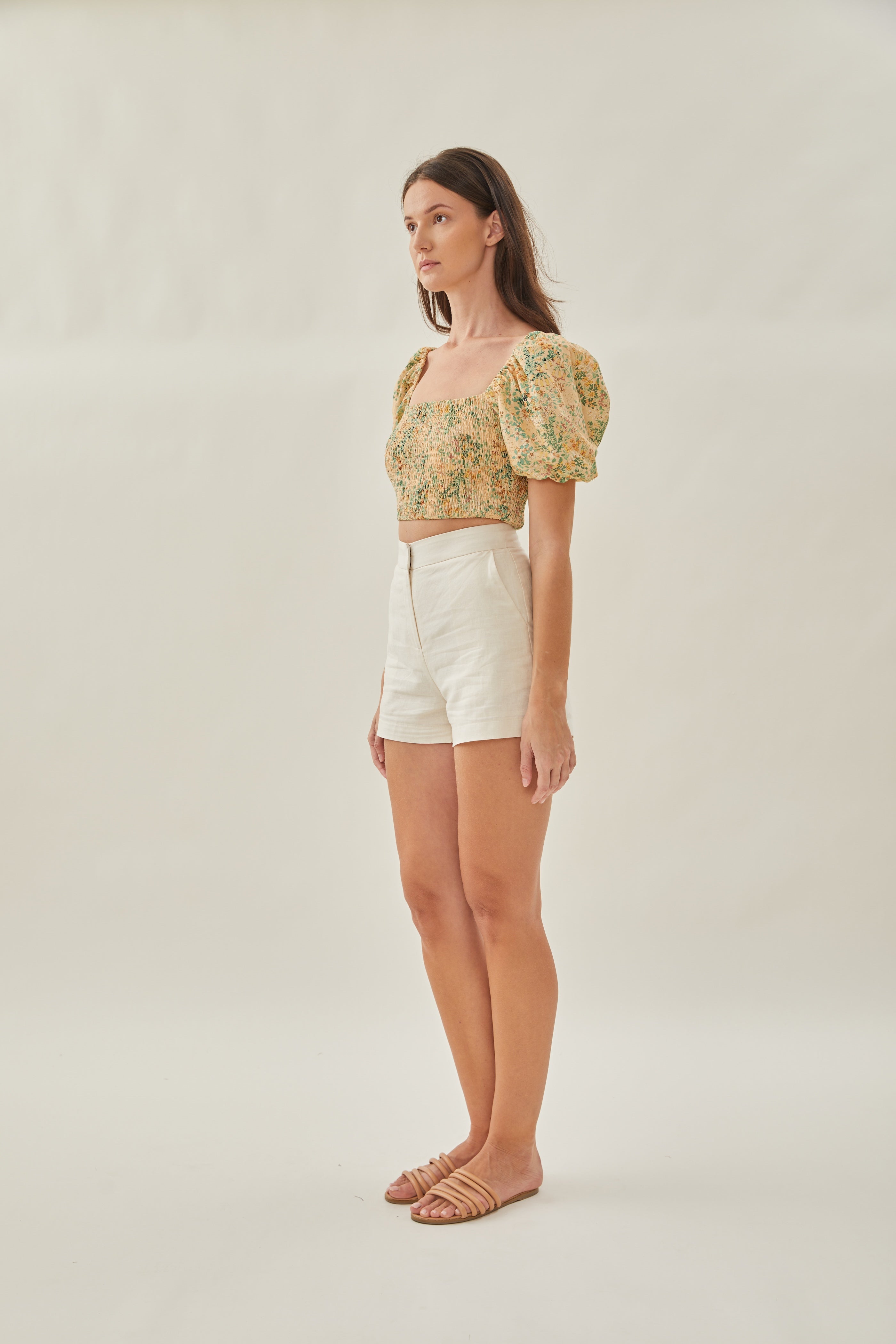 Puffed Sleeved Shirred Cropped Top in Canary