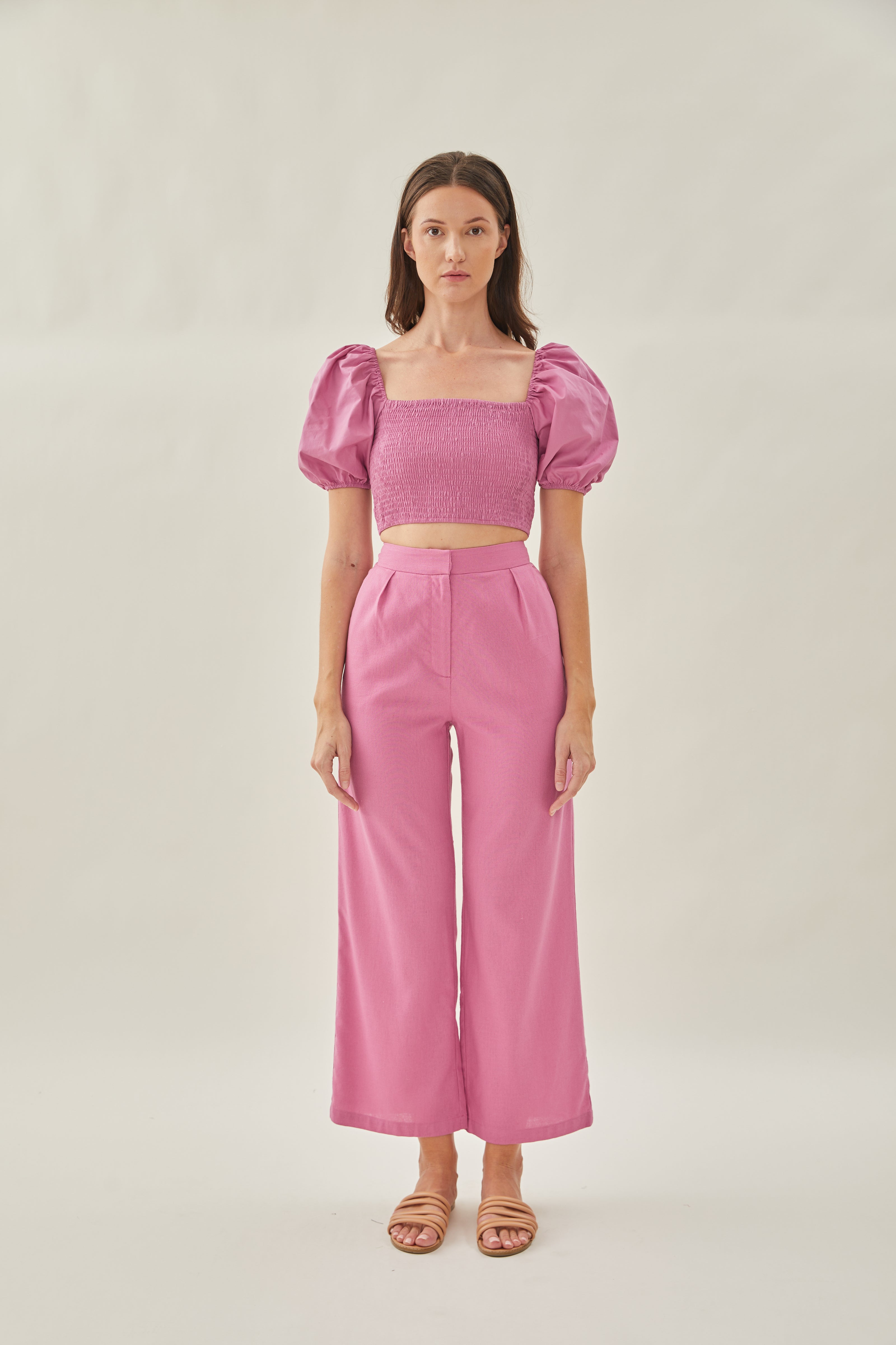 Puffed Sleeved Shirred Cropped Top in Hibiscus