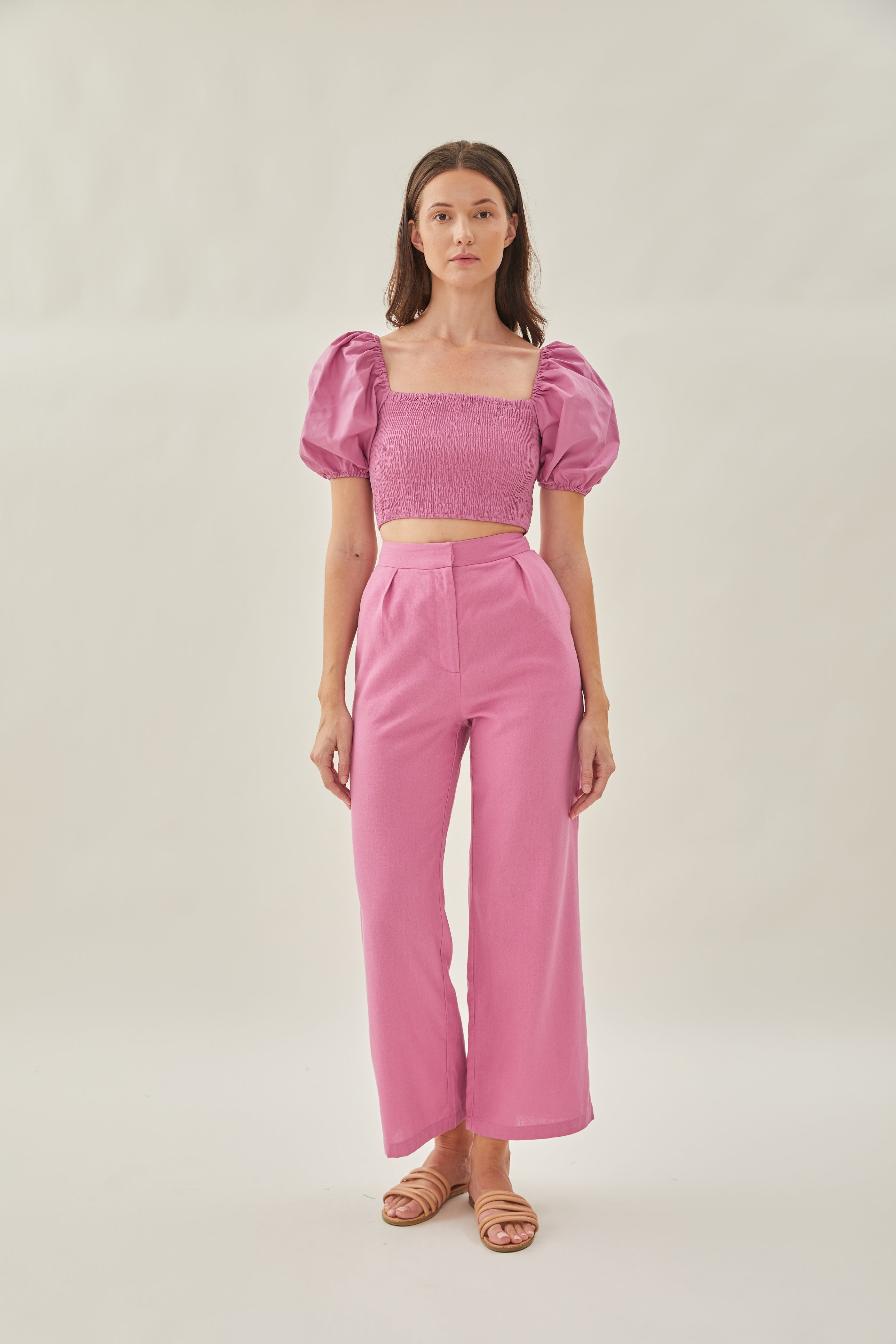 Puffed Sleeved Shirred Cropped Top in Hibiscus