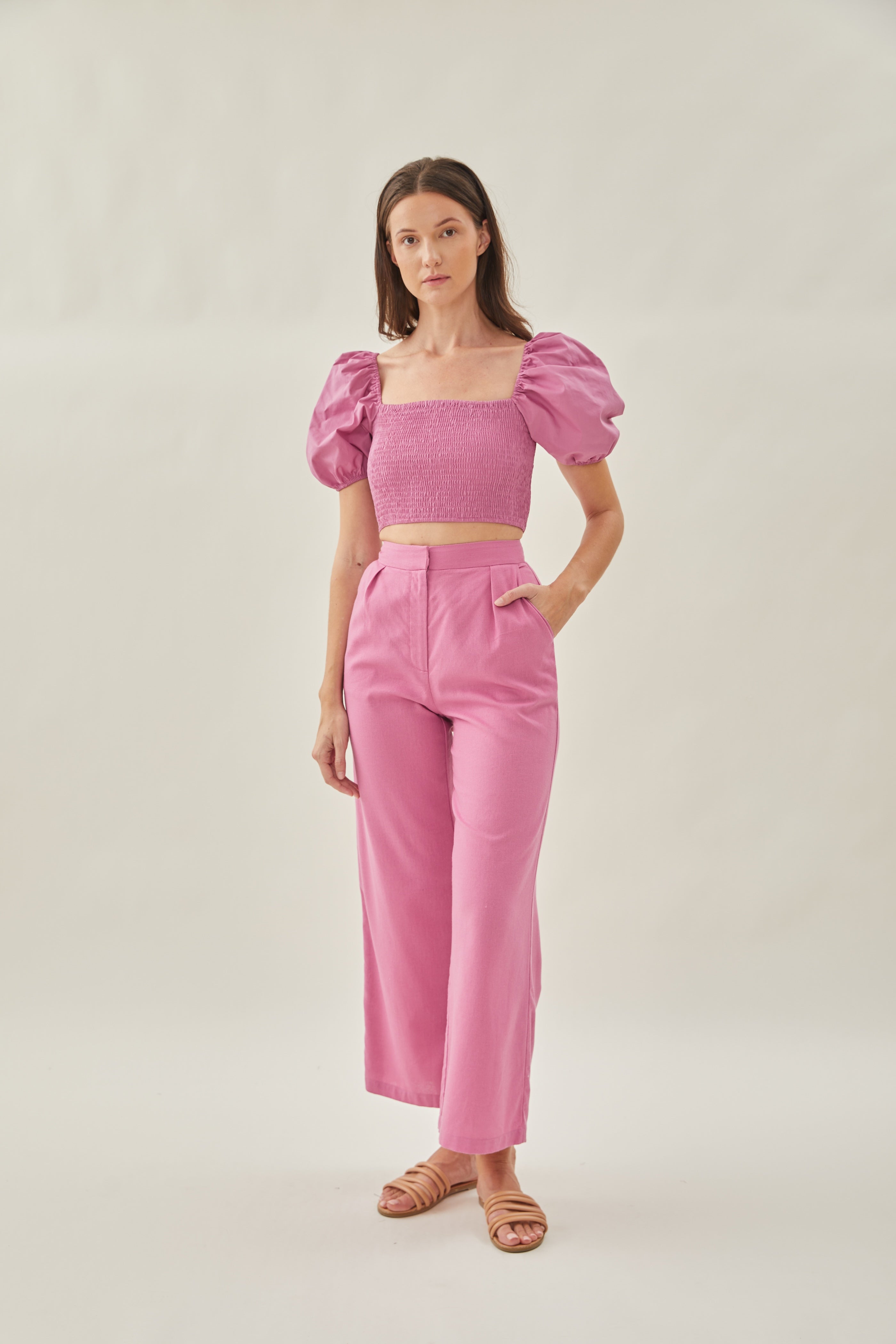 Puffed Sleeved Shirred Cropped Top in Hibiscus