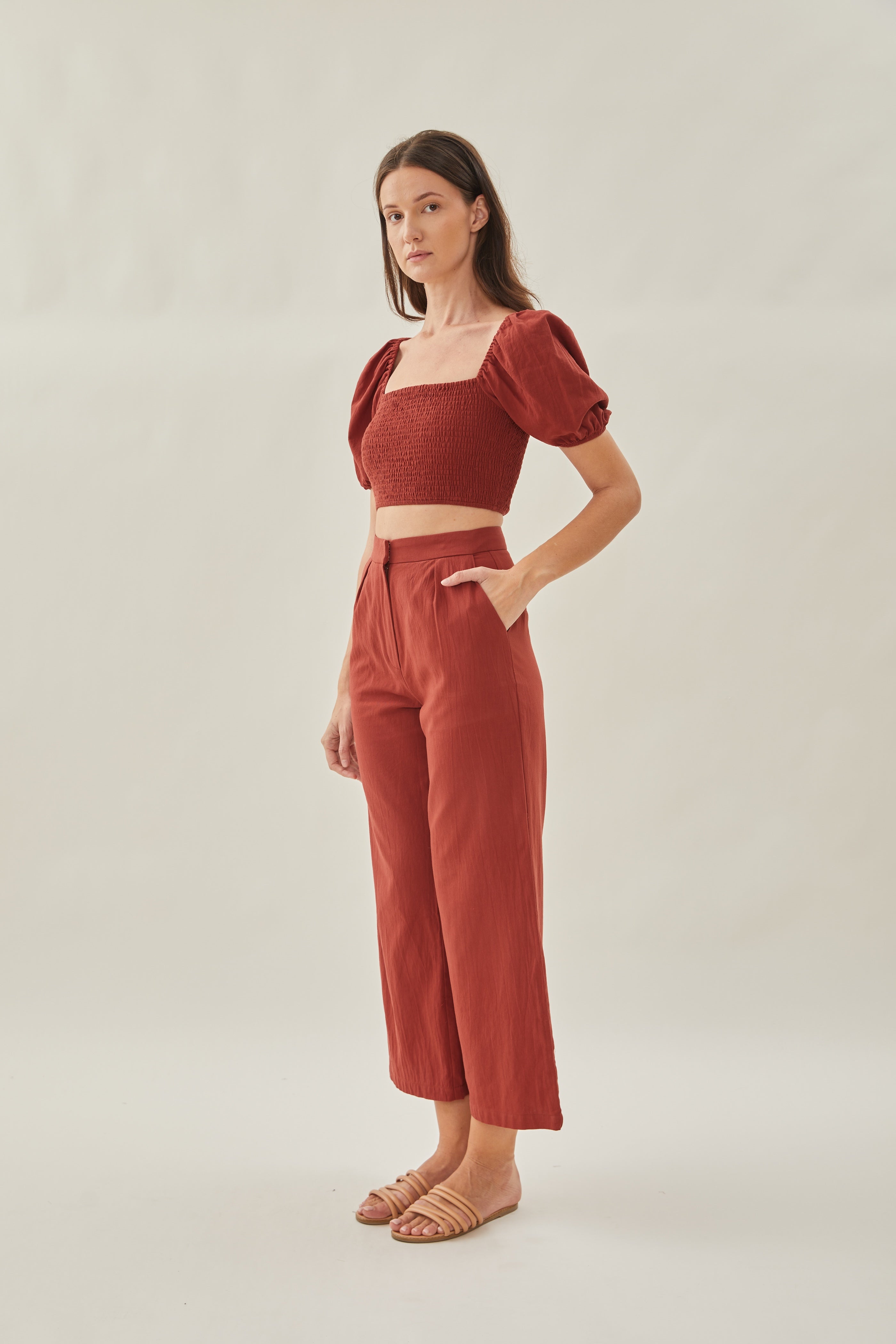 Puffed Sleeved Shirred Cropped Top in Sienna