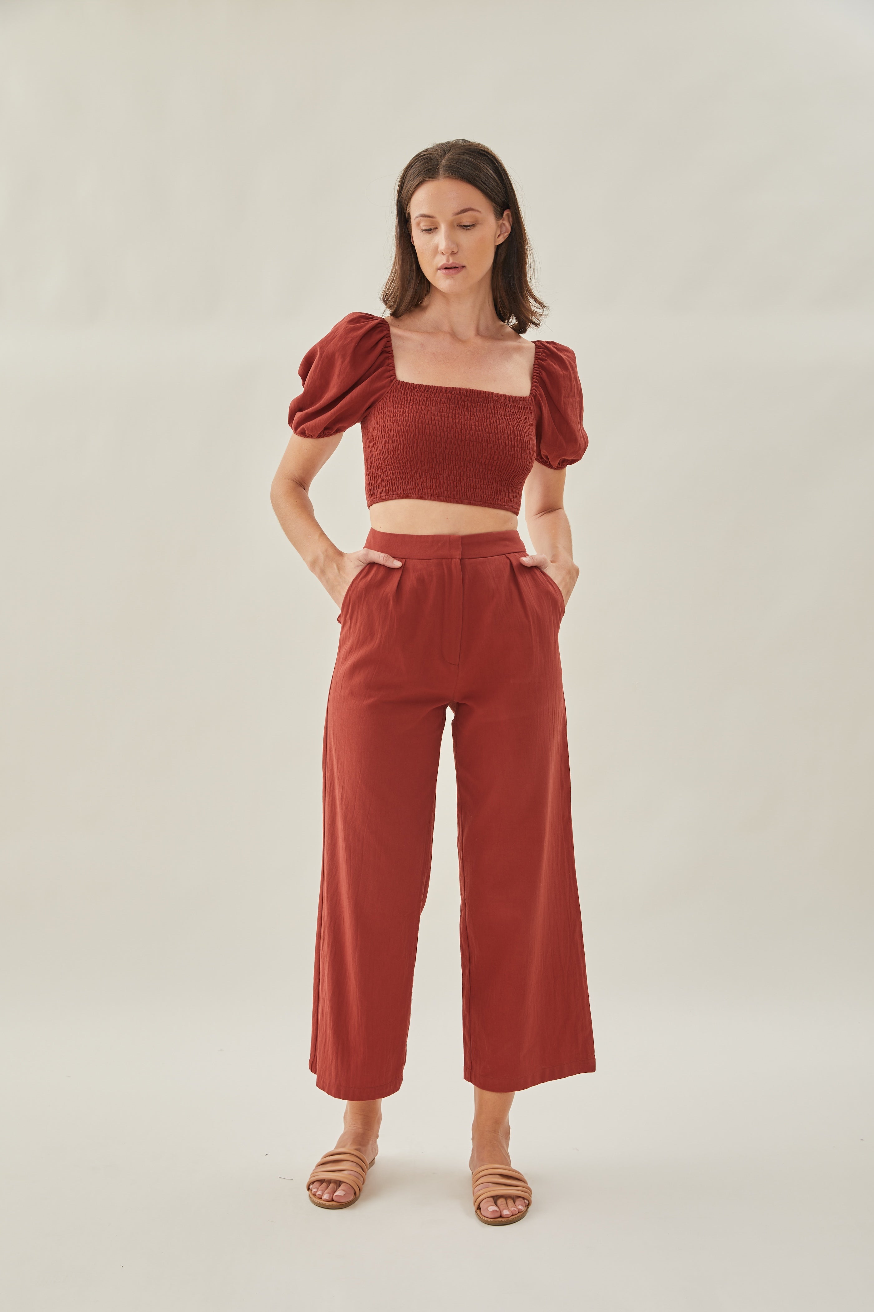 Puffed Sleeved Shirred Cropped Top in Sienna