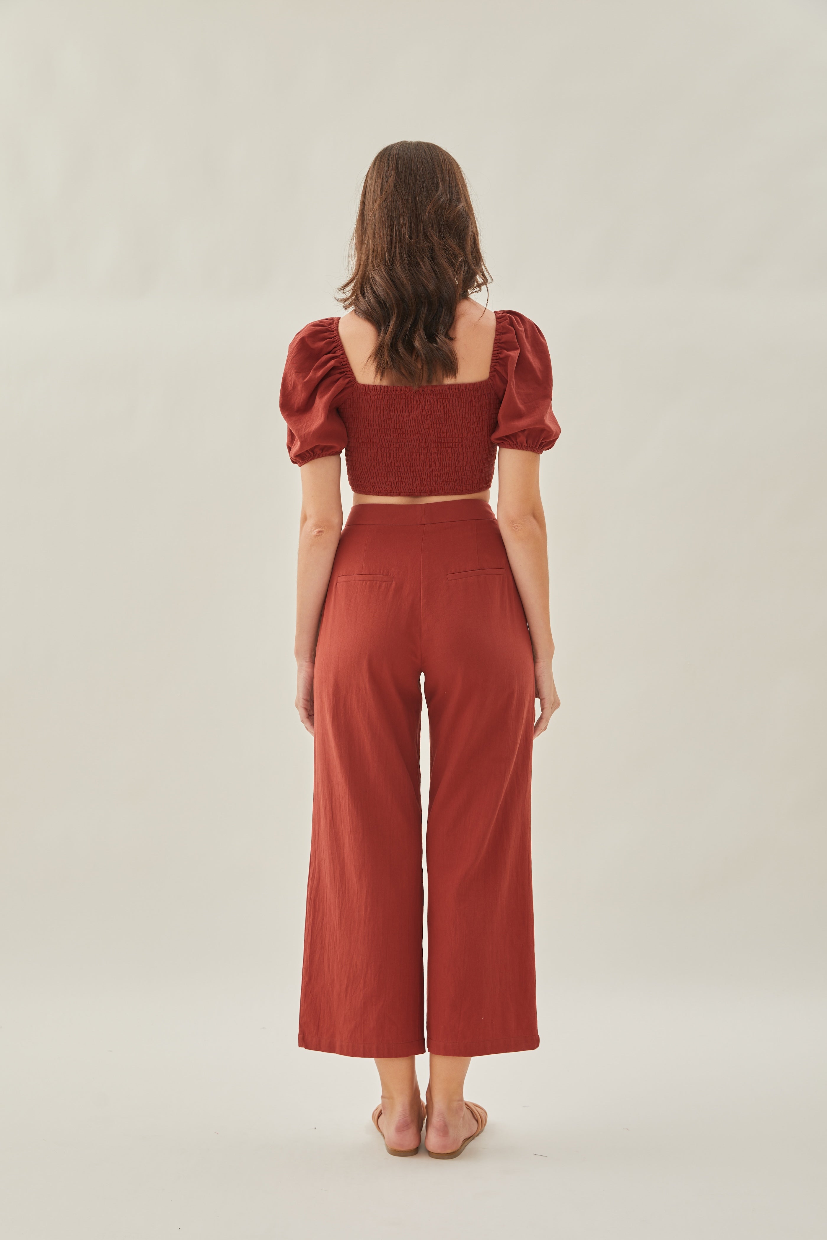 Puffed Sleeved Shirred Cropped Top in Sienna