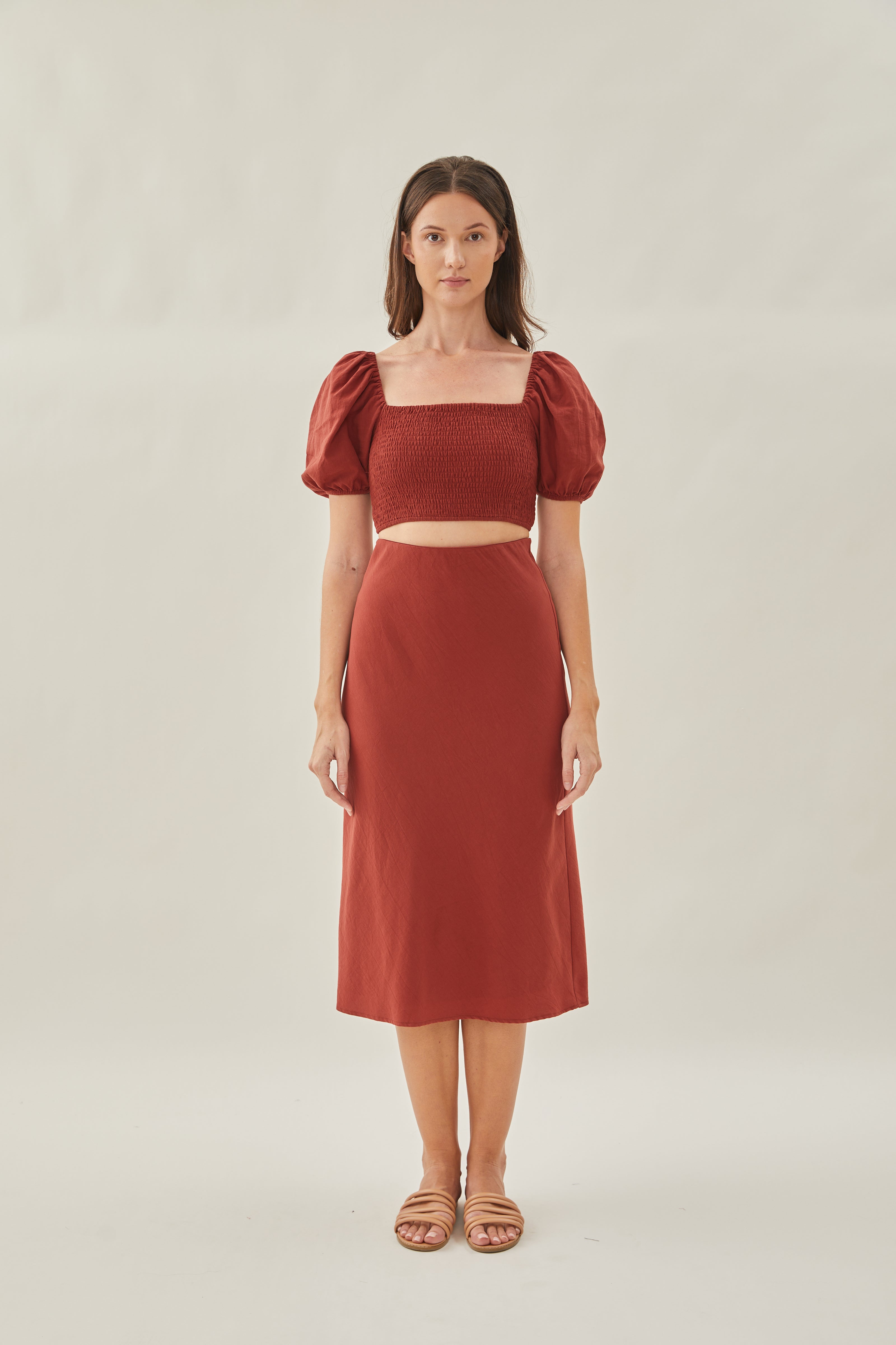 Cotton Straight Midi Skirt in Sienna