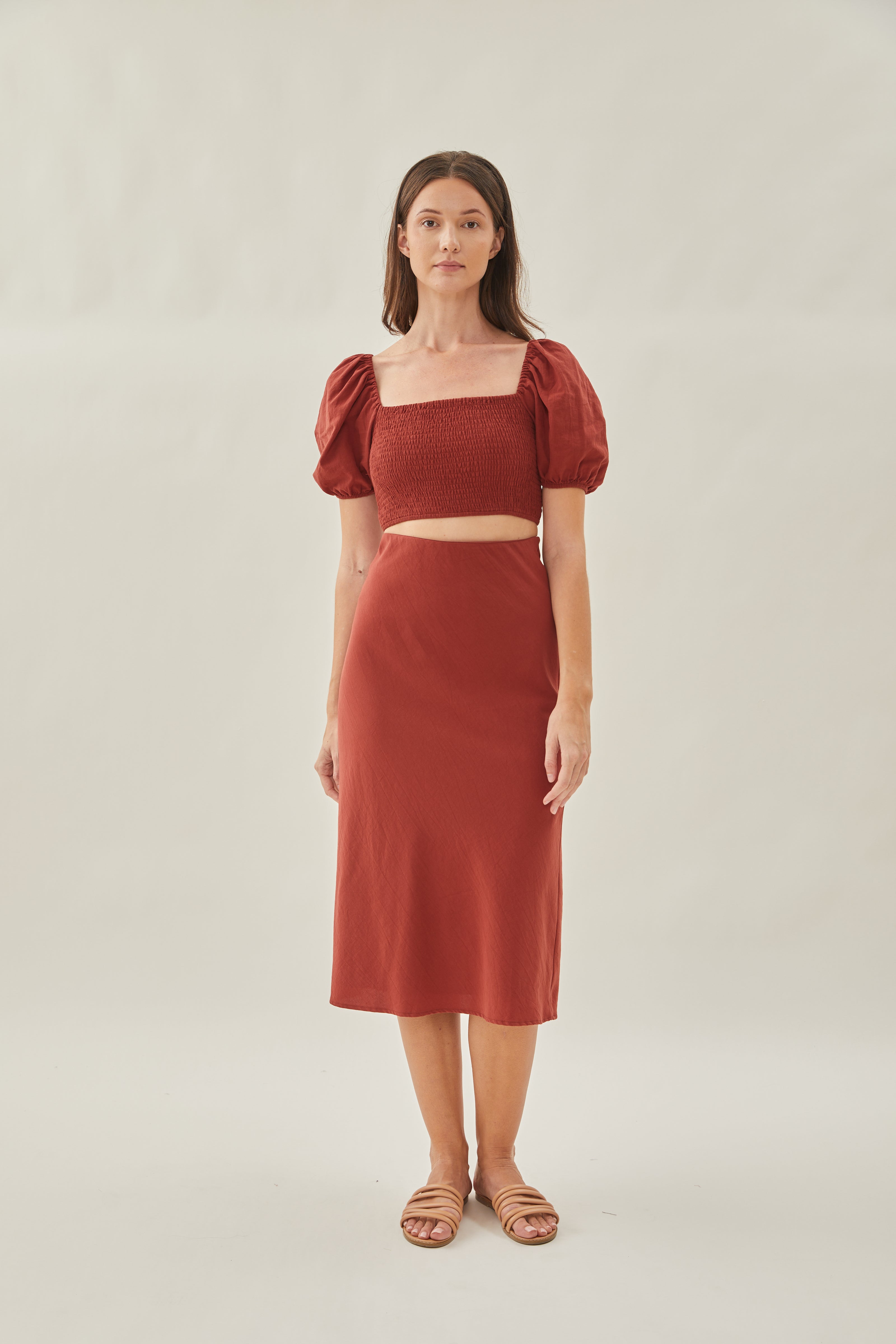 Cotton Straight Midi Skirt in Sienna