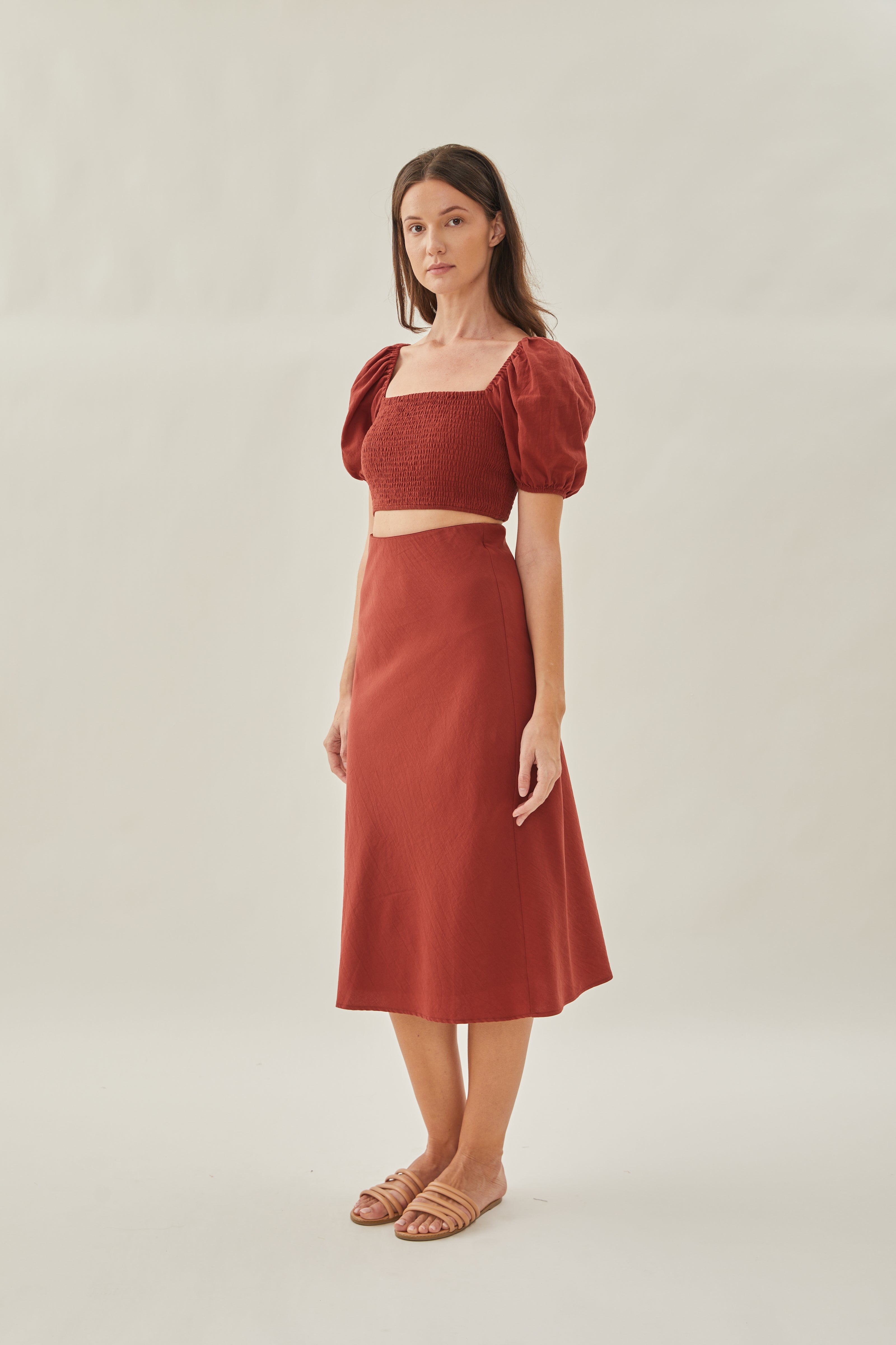 Cotton Straight Midi Skirt in Sienna