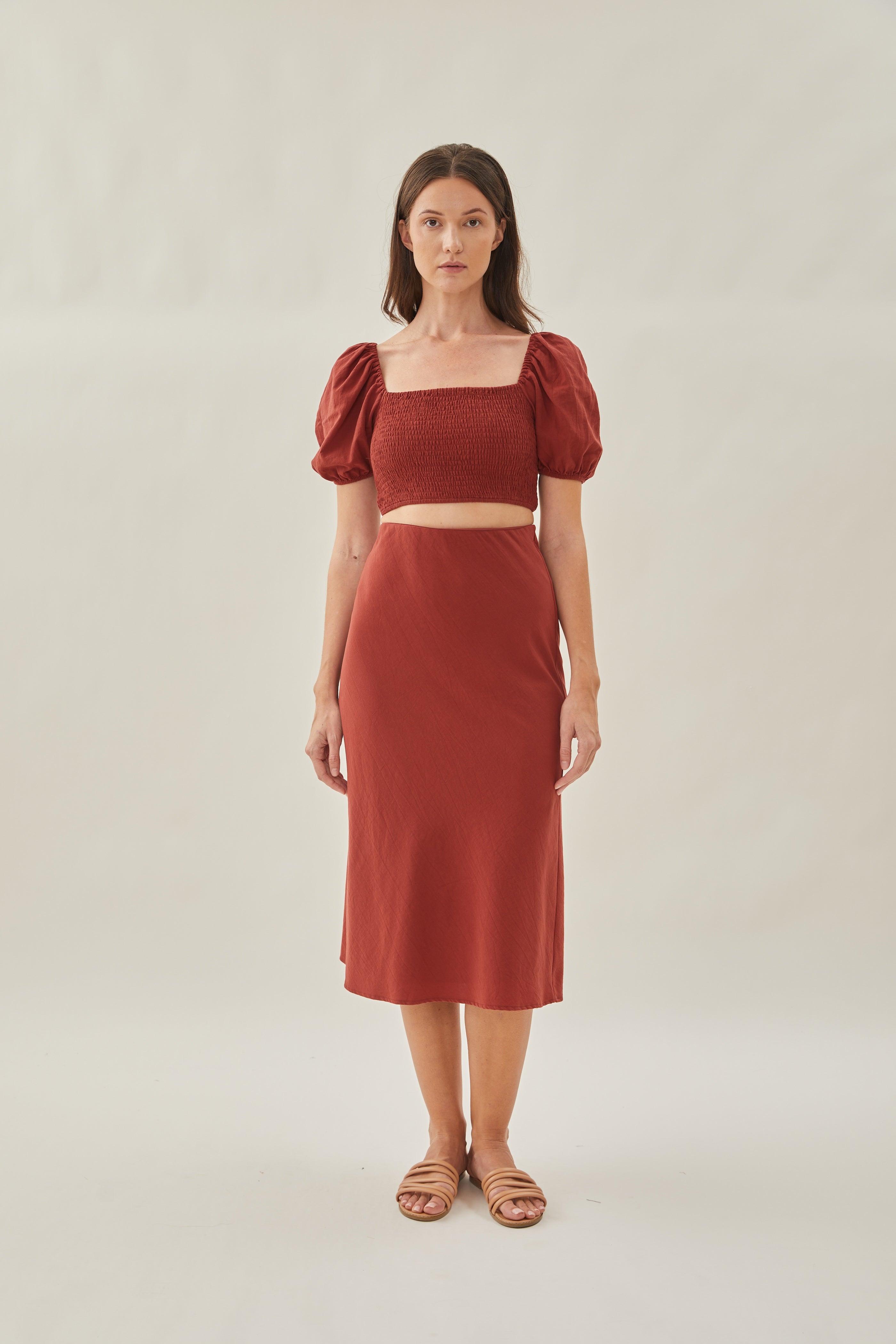 Cotton Straight Midi Skirt in Sienna