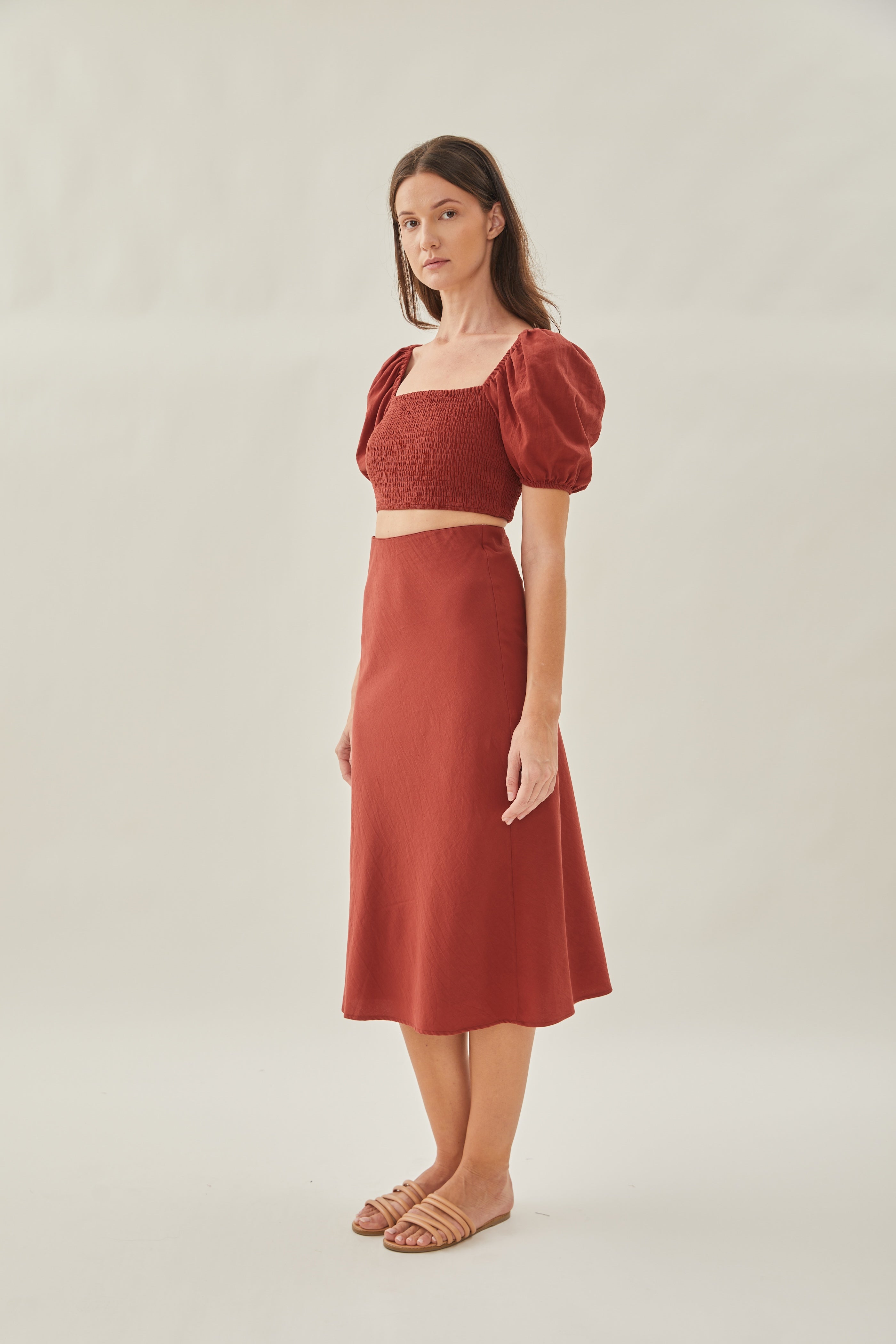 Cotton Straight Midi Skirt in Sienna