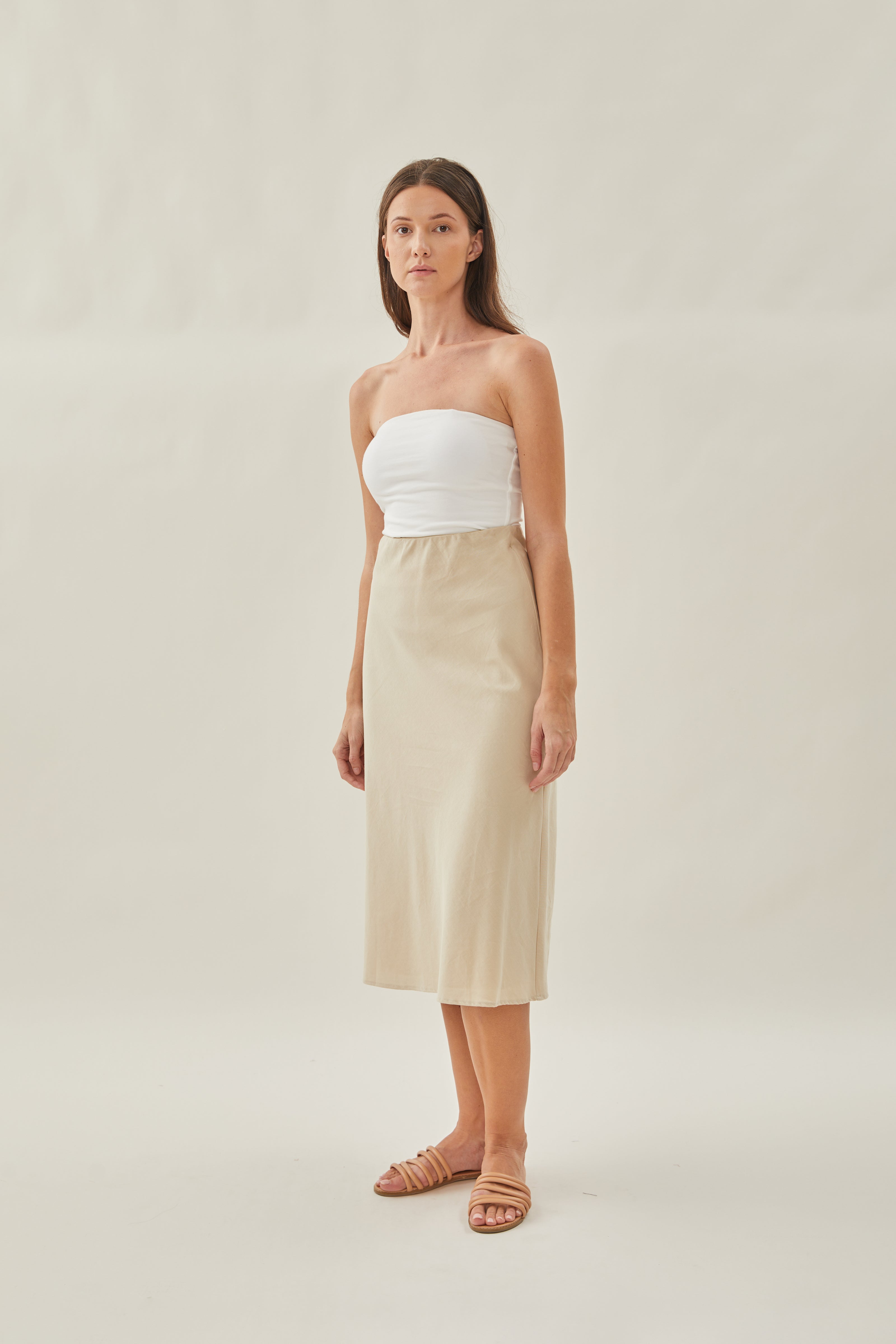 Cotton Straight Midi Skirt in Oat