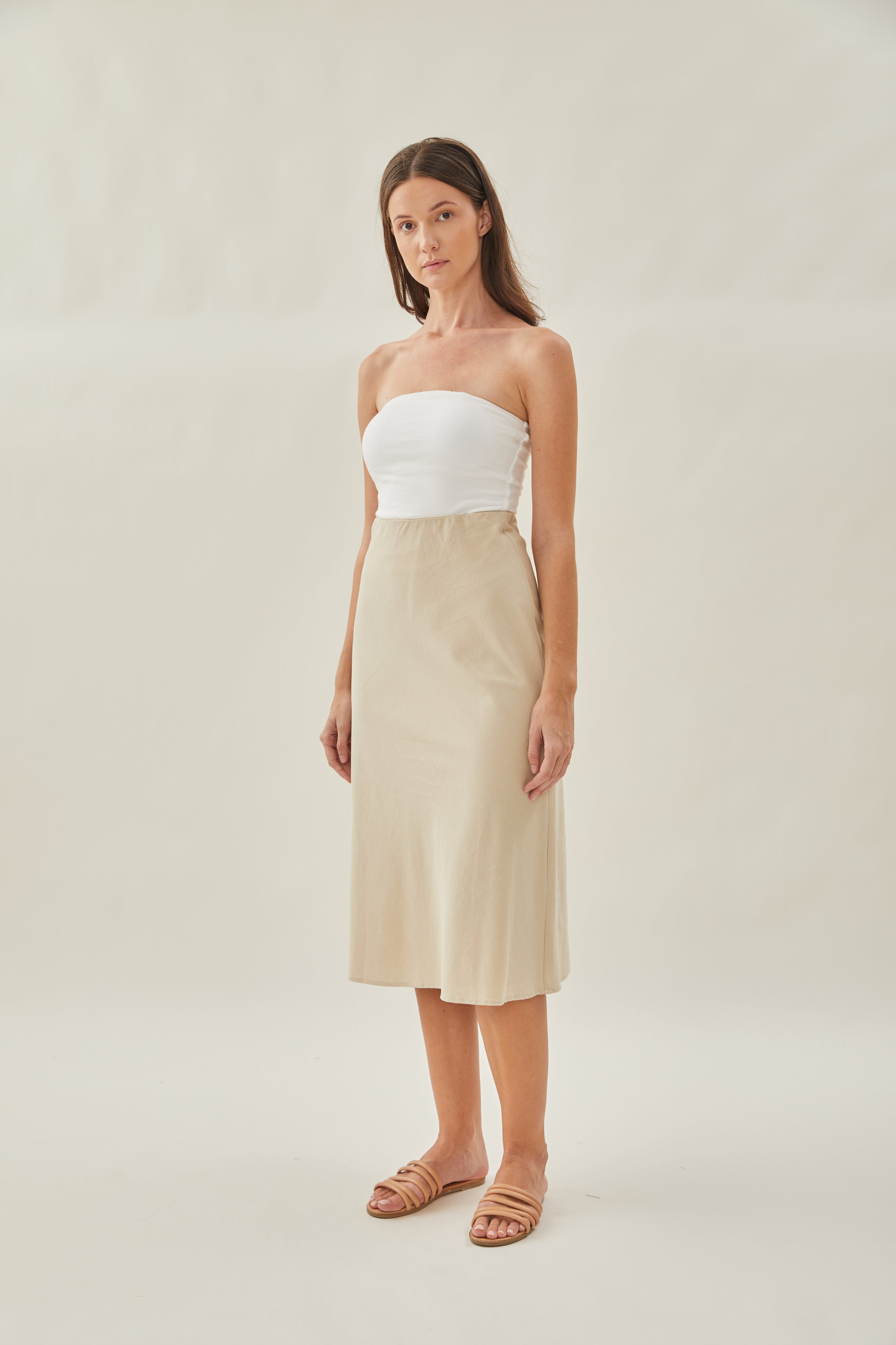 Cotton Straight Midi Skirt in Oat