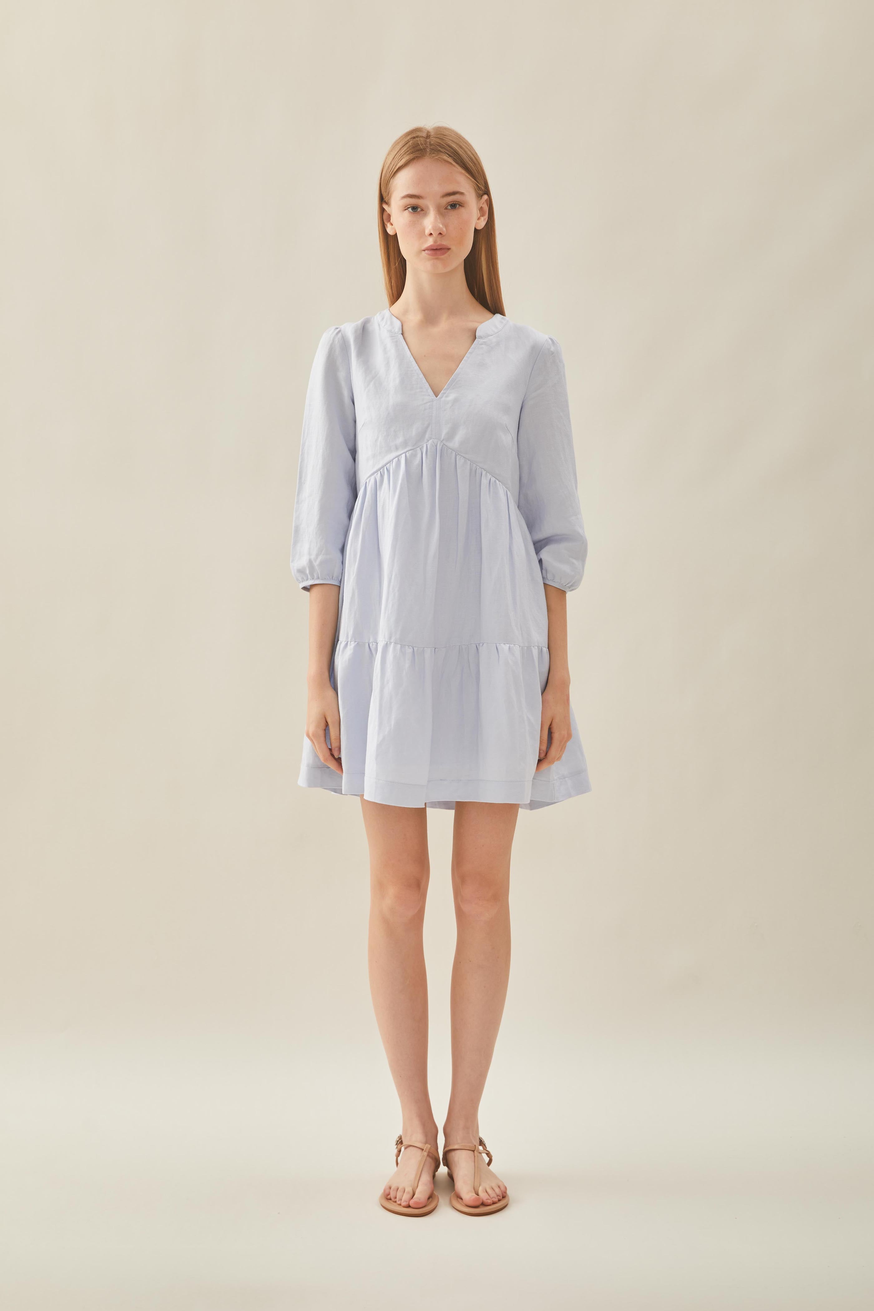 Linen Tiered Dress in Mist Blue