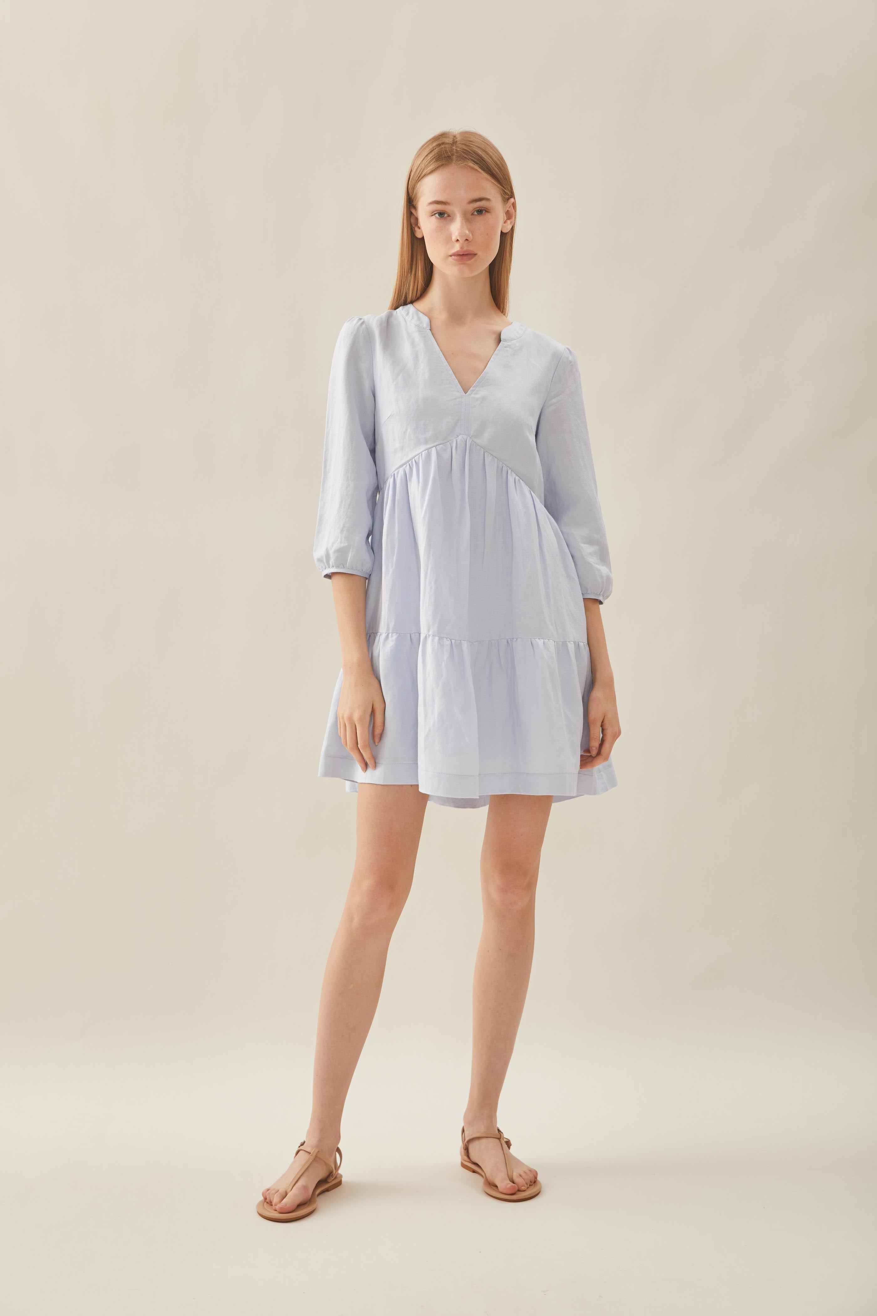 Linen Tiered Dress in Mist Blue