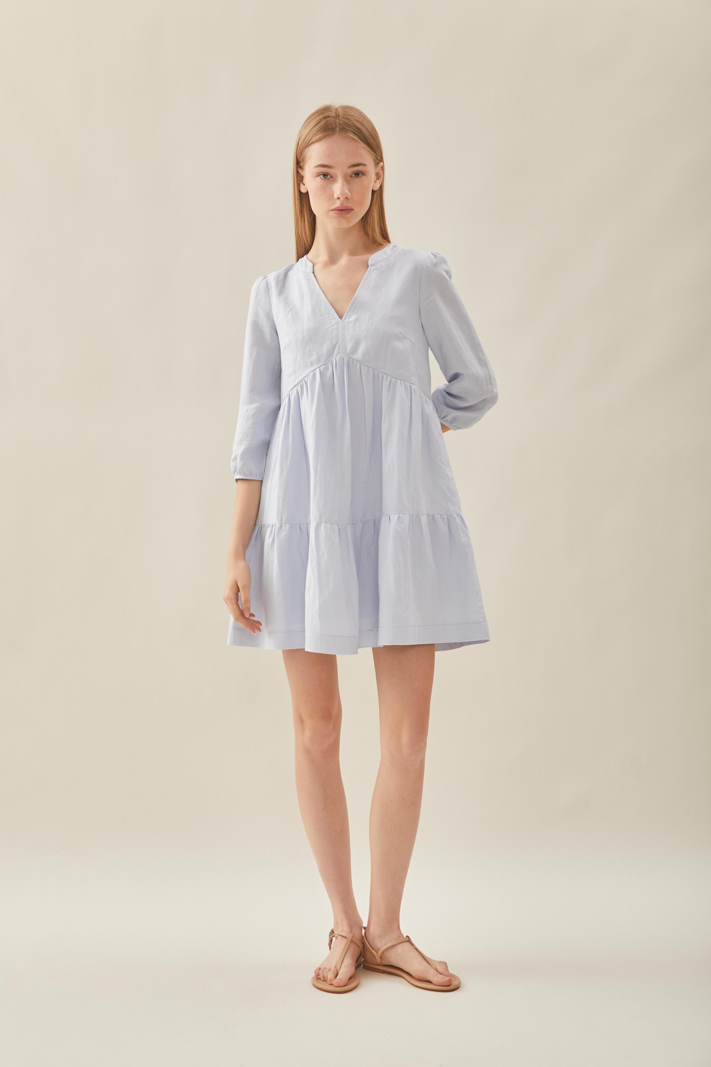 Linen Tiered Dress in Mist Blue