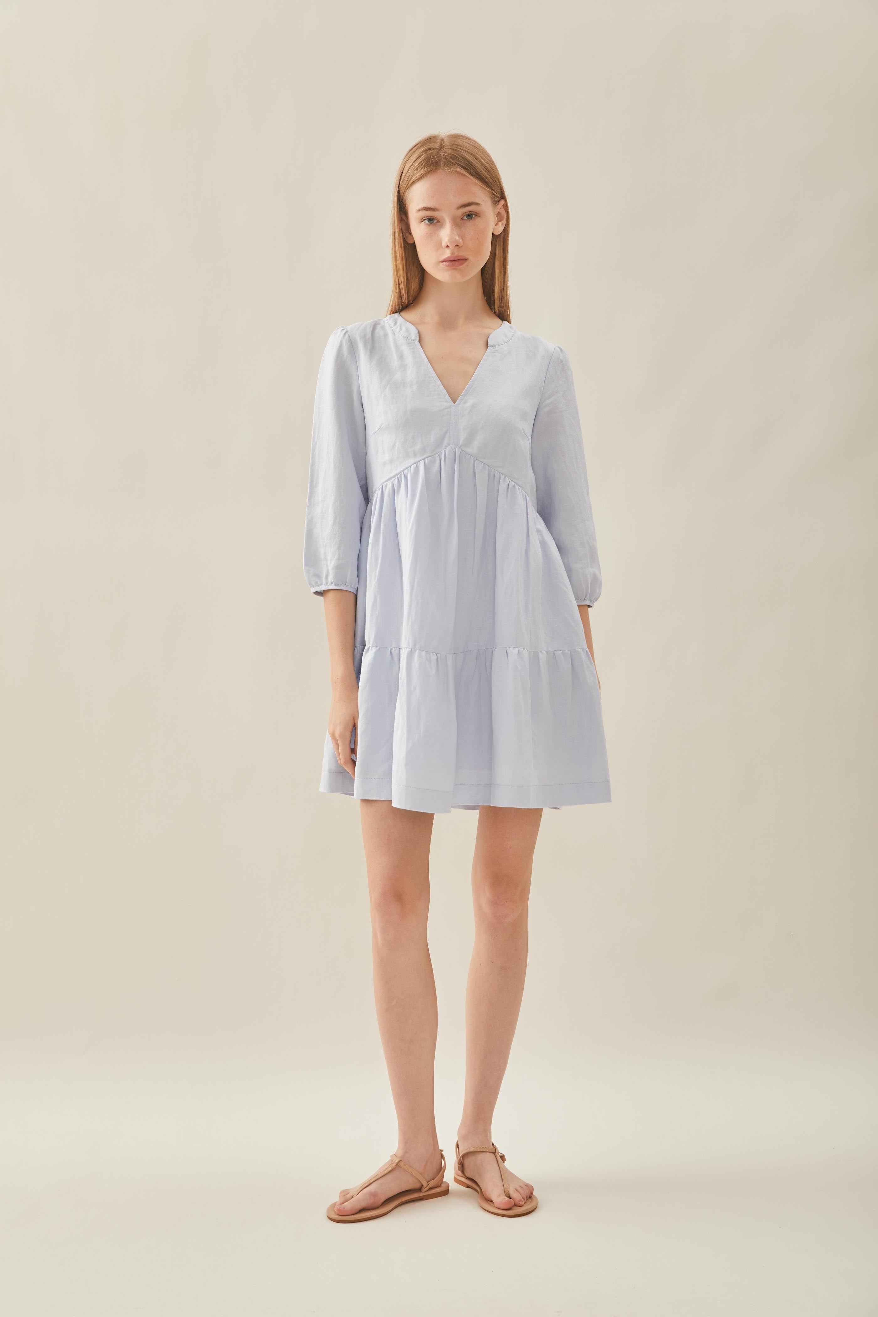 Linen Tiered Dress in Mist Blue