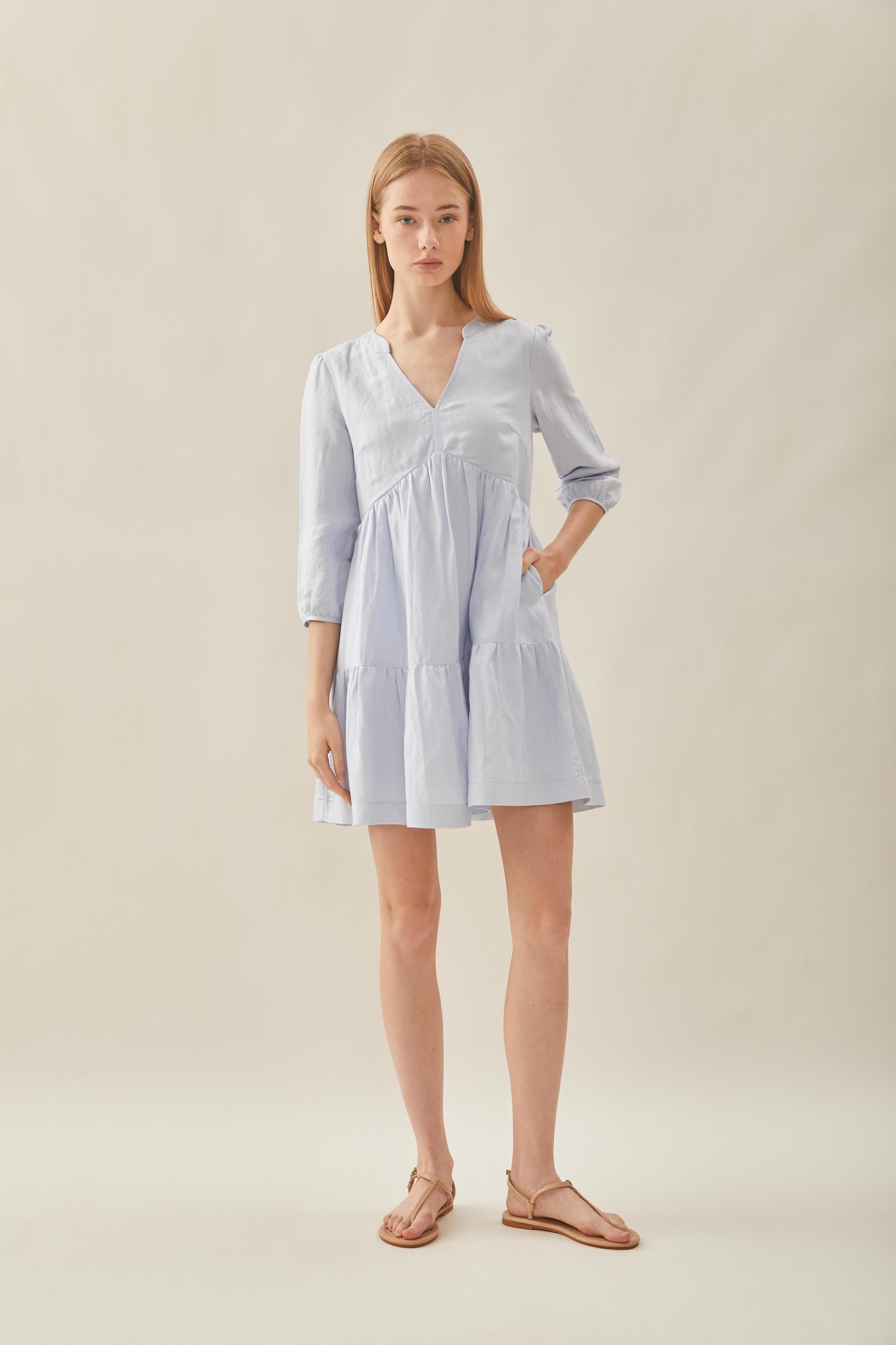 Linen Tiered Dress in Mist Blue