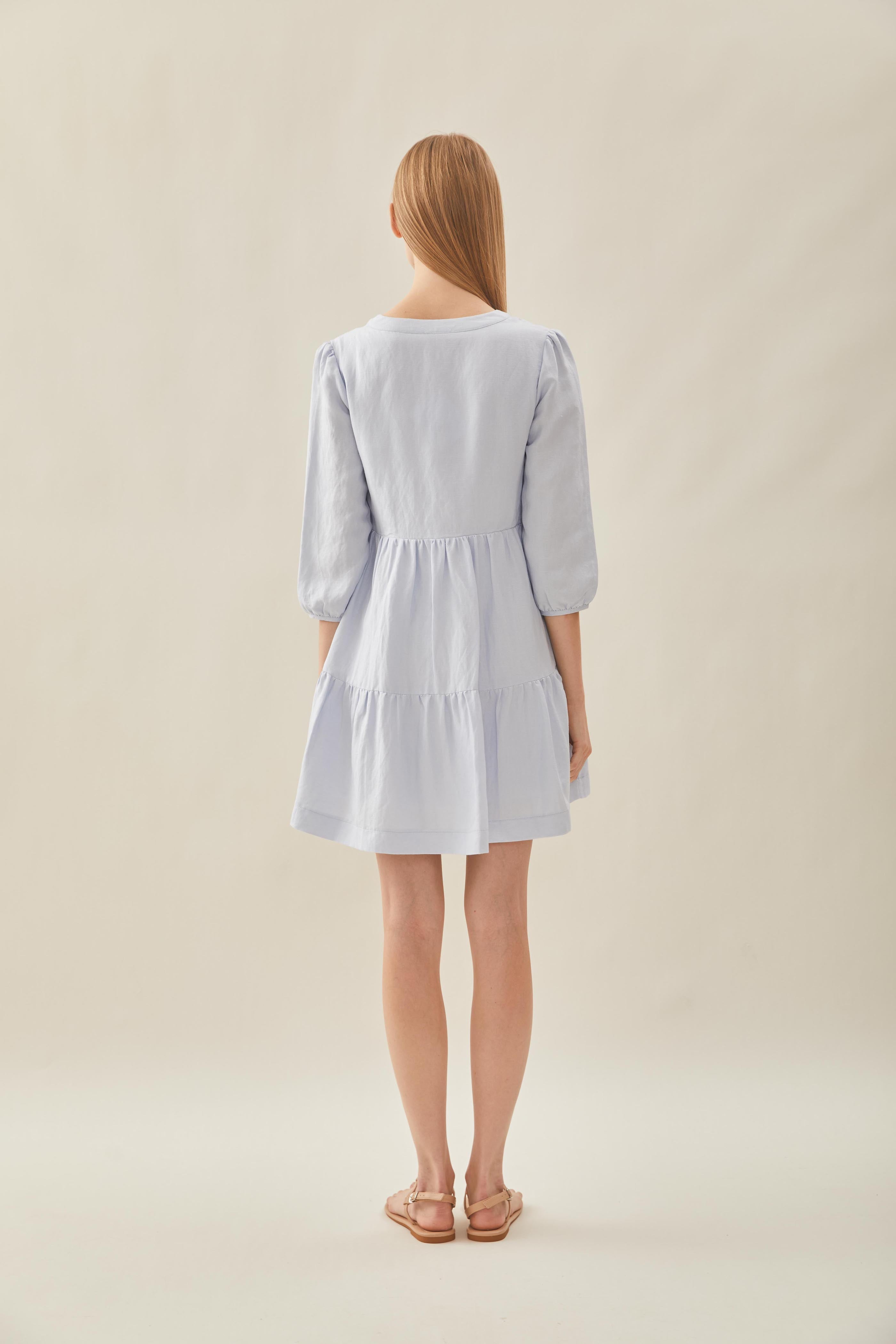 Linen Tiered Dress in Mist Blue