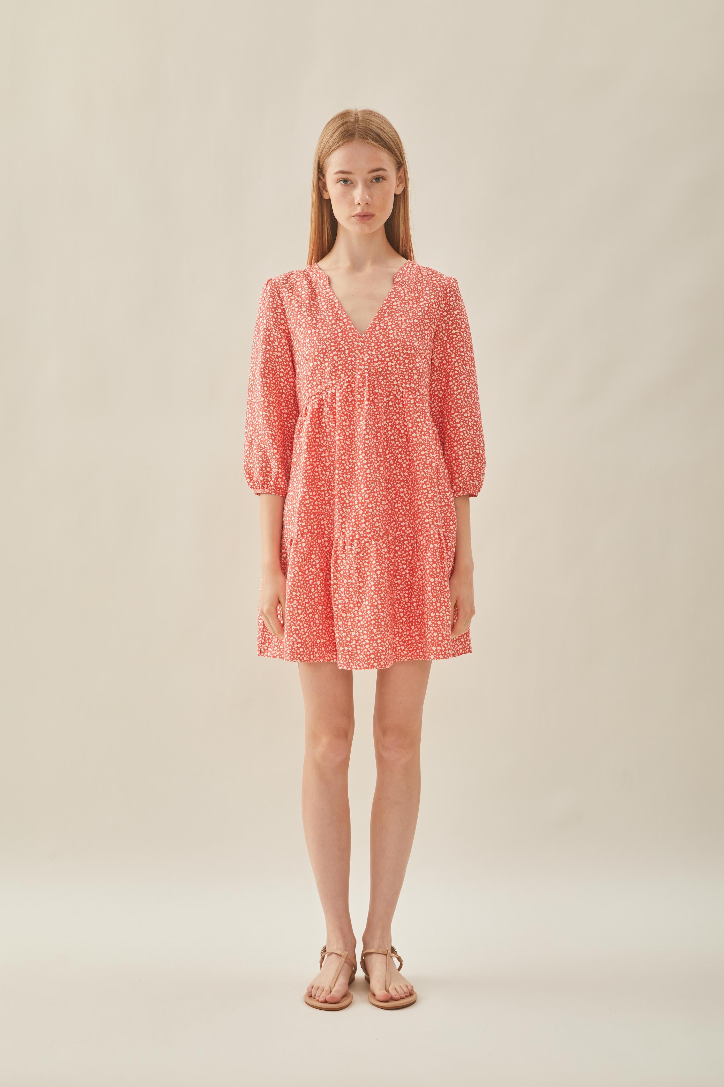 Linen Tiered Dress in Red Bloom