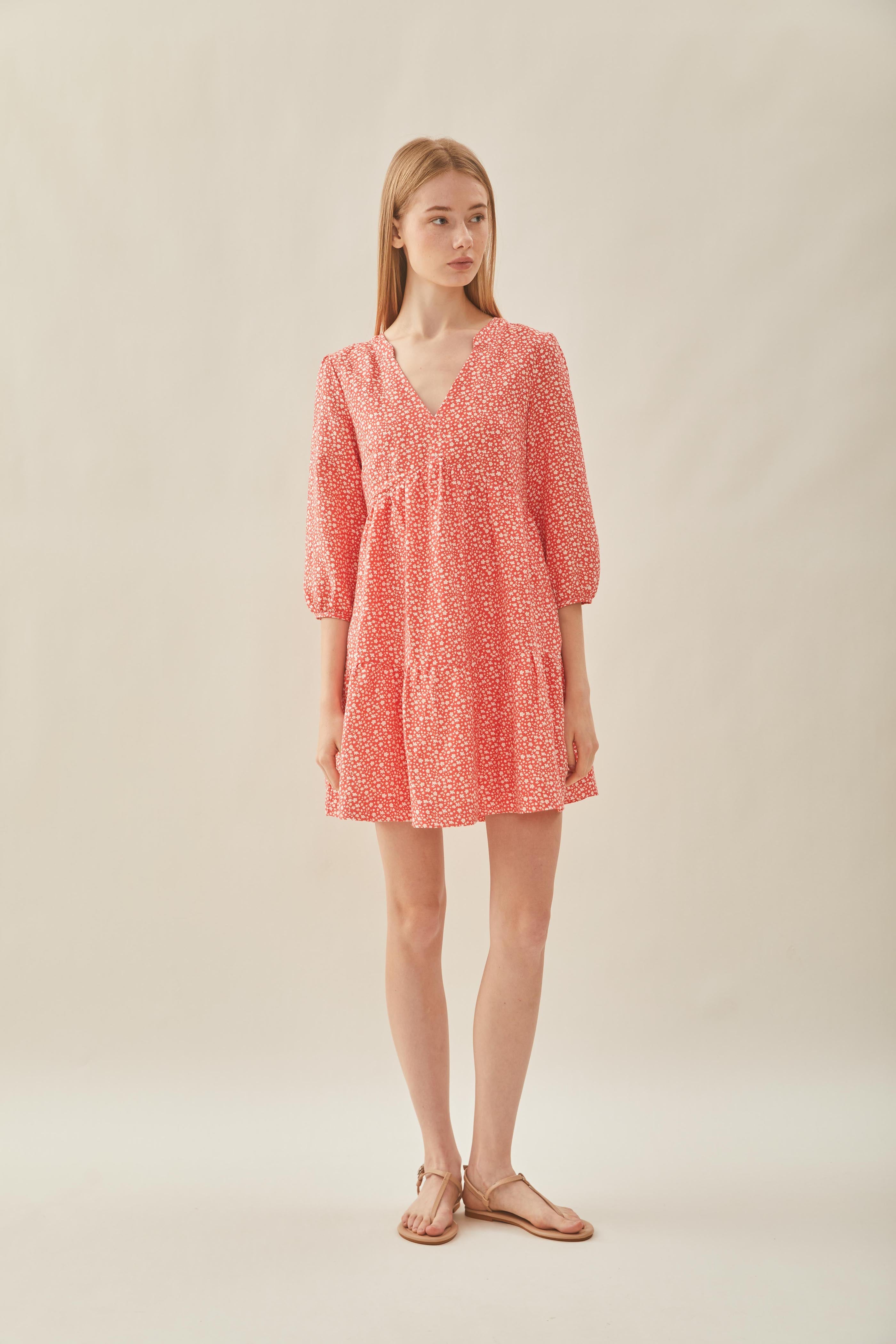 Linen Tiered Dress in Red Bloom