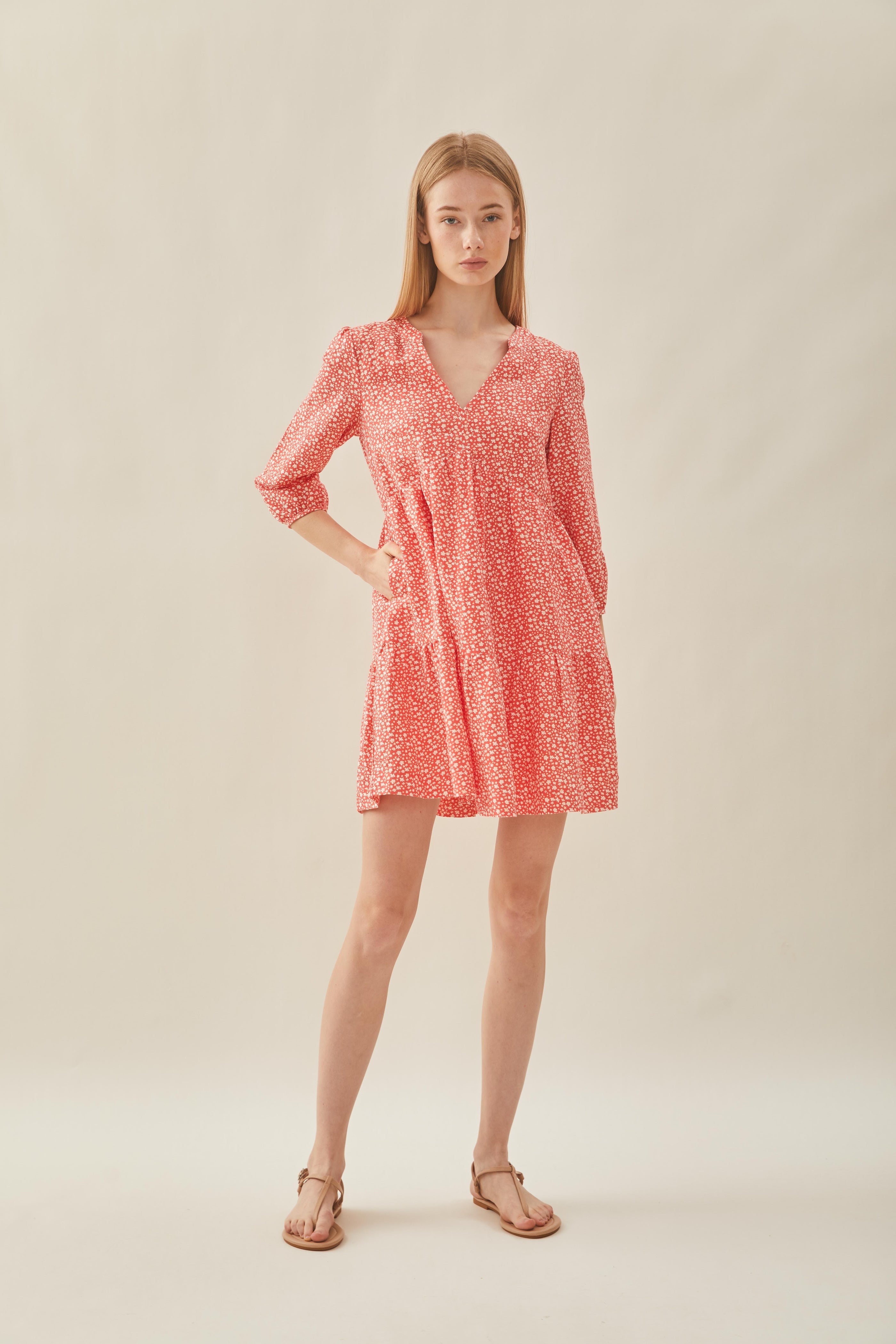 Linen Tiered Dress in Red Bloom