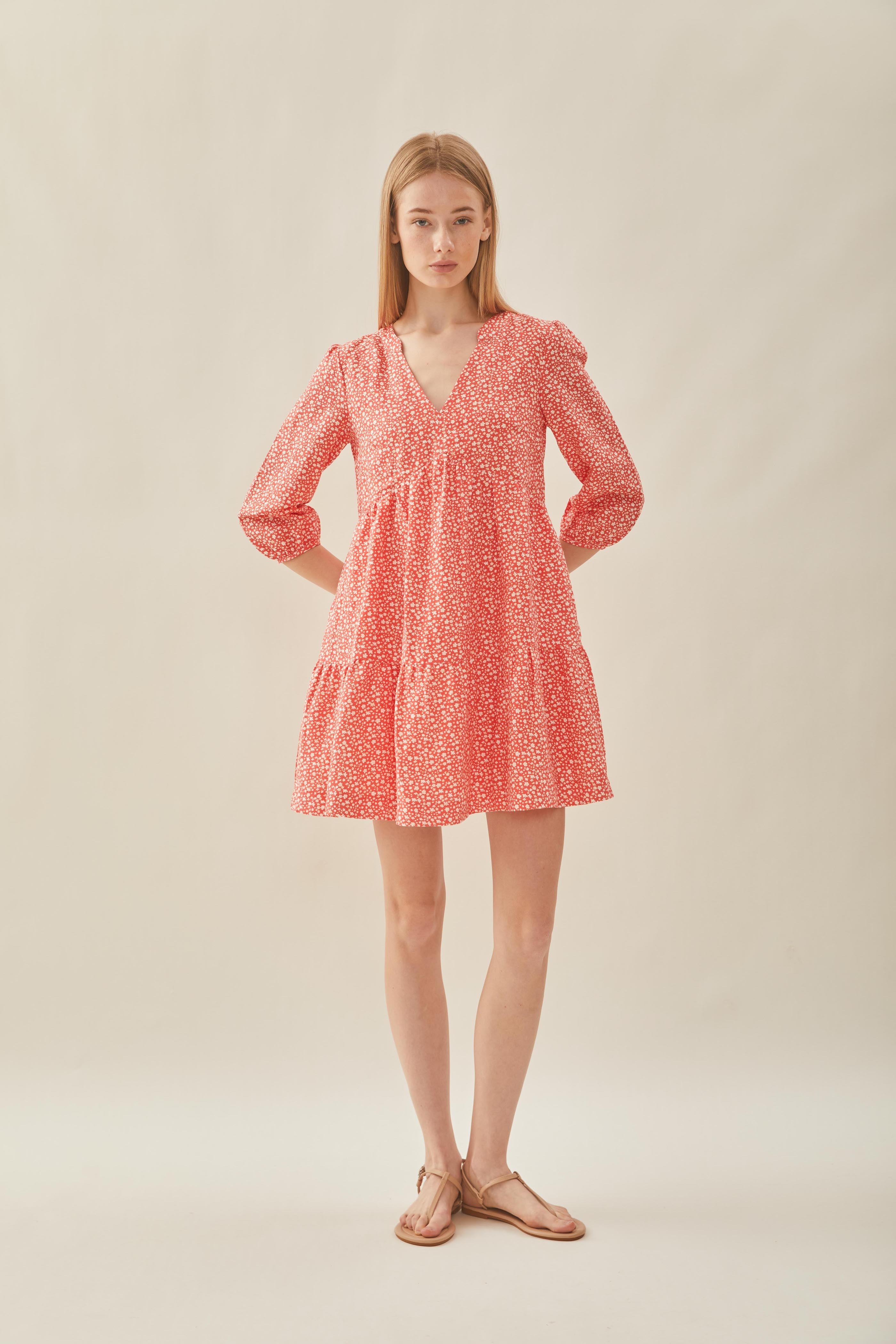 Linen Tiered Dress in Red Bloom