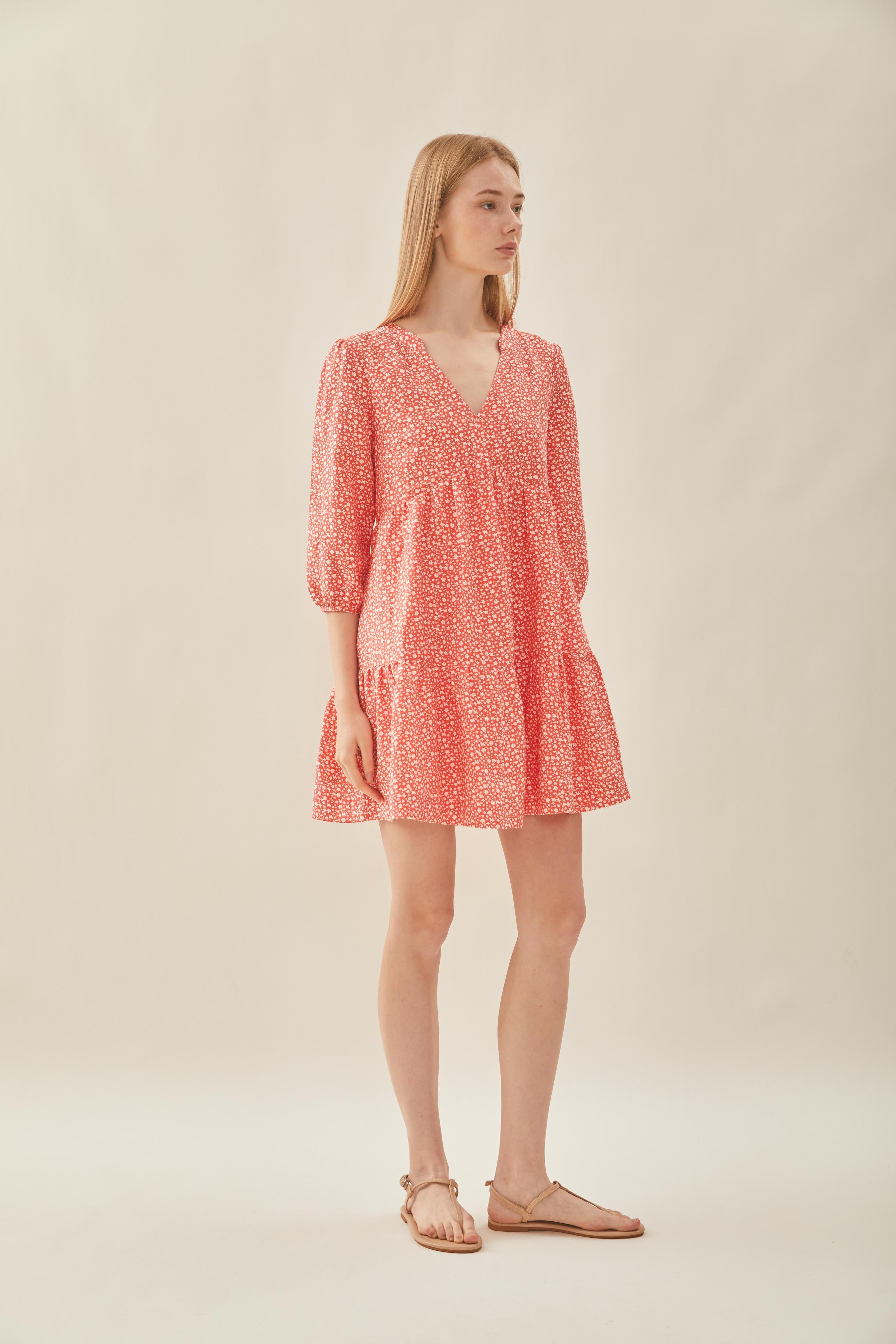 Linen Tiered Dress in Red Bloom