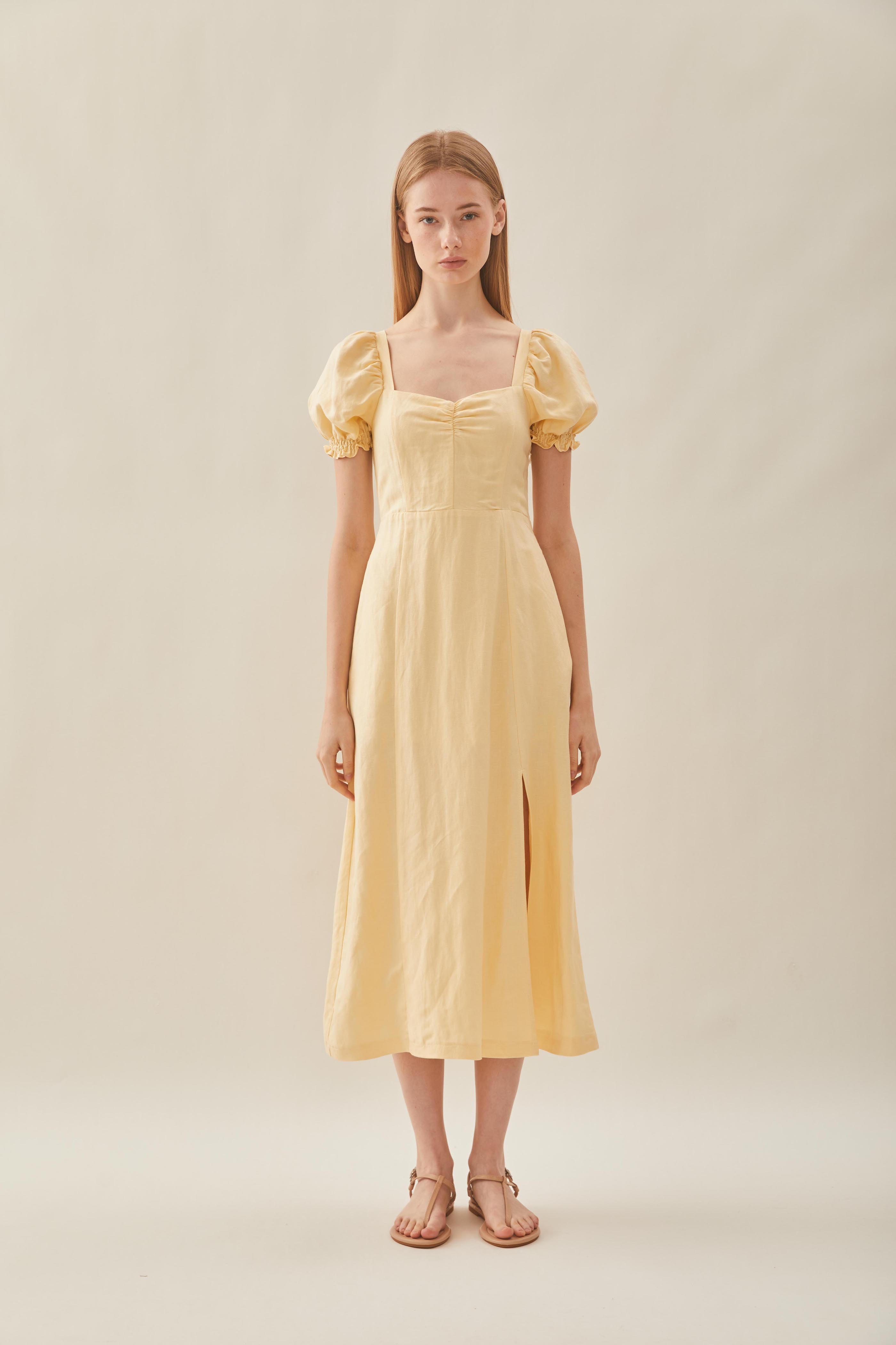 Puffed Sleeve Dress in Pale Yellow
