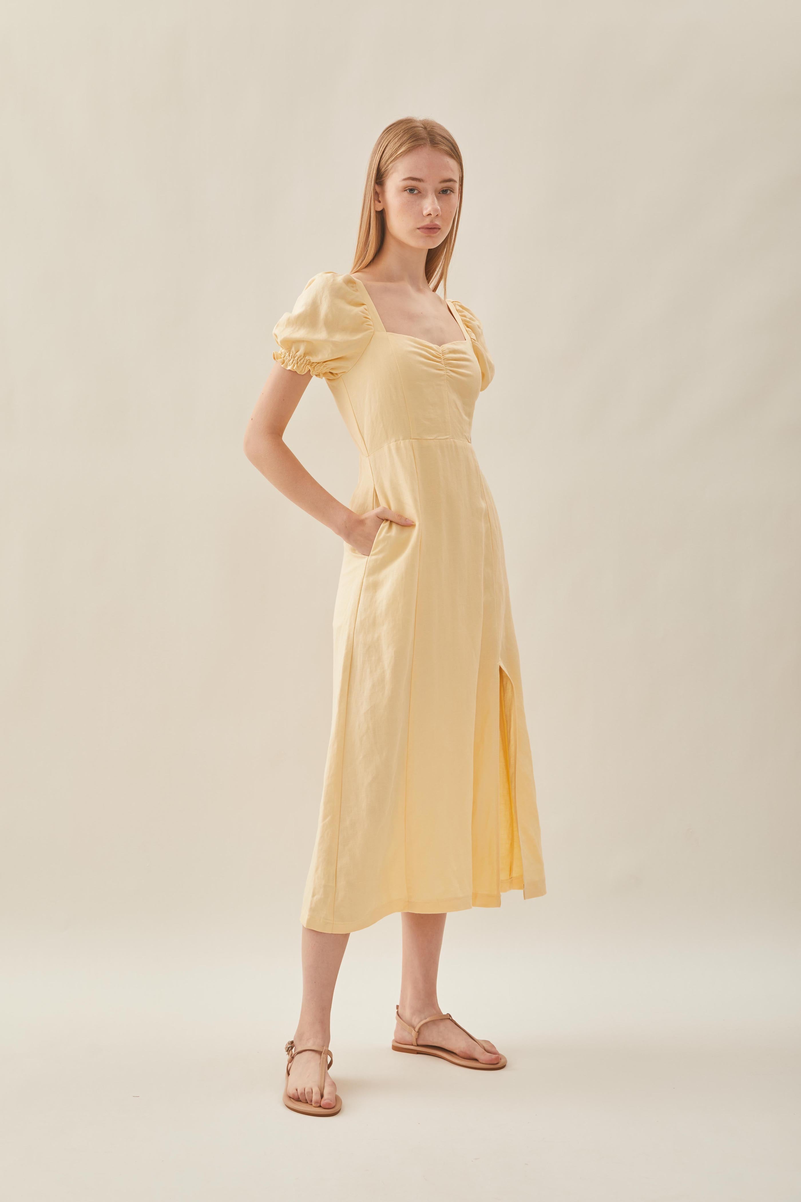 Puffed Sleeve Dress in Pale Yellow