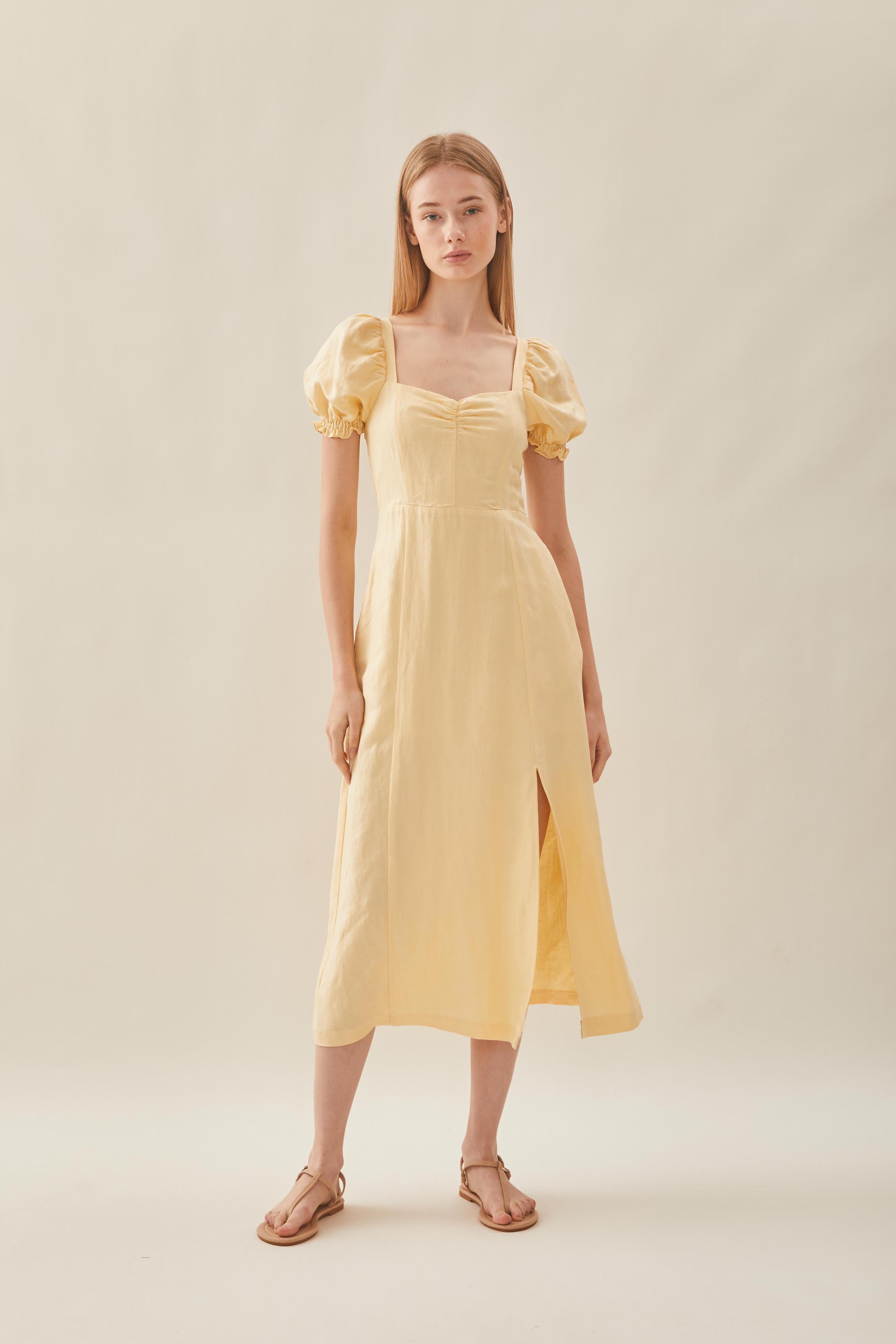 Puffed Sleeve Dress in Pale Yellow