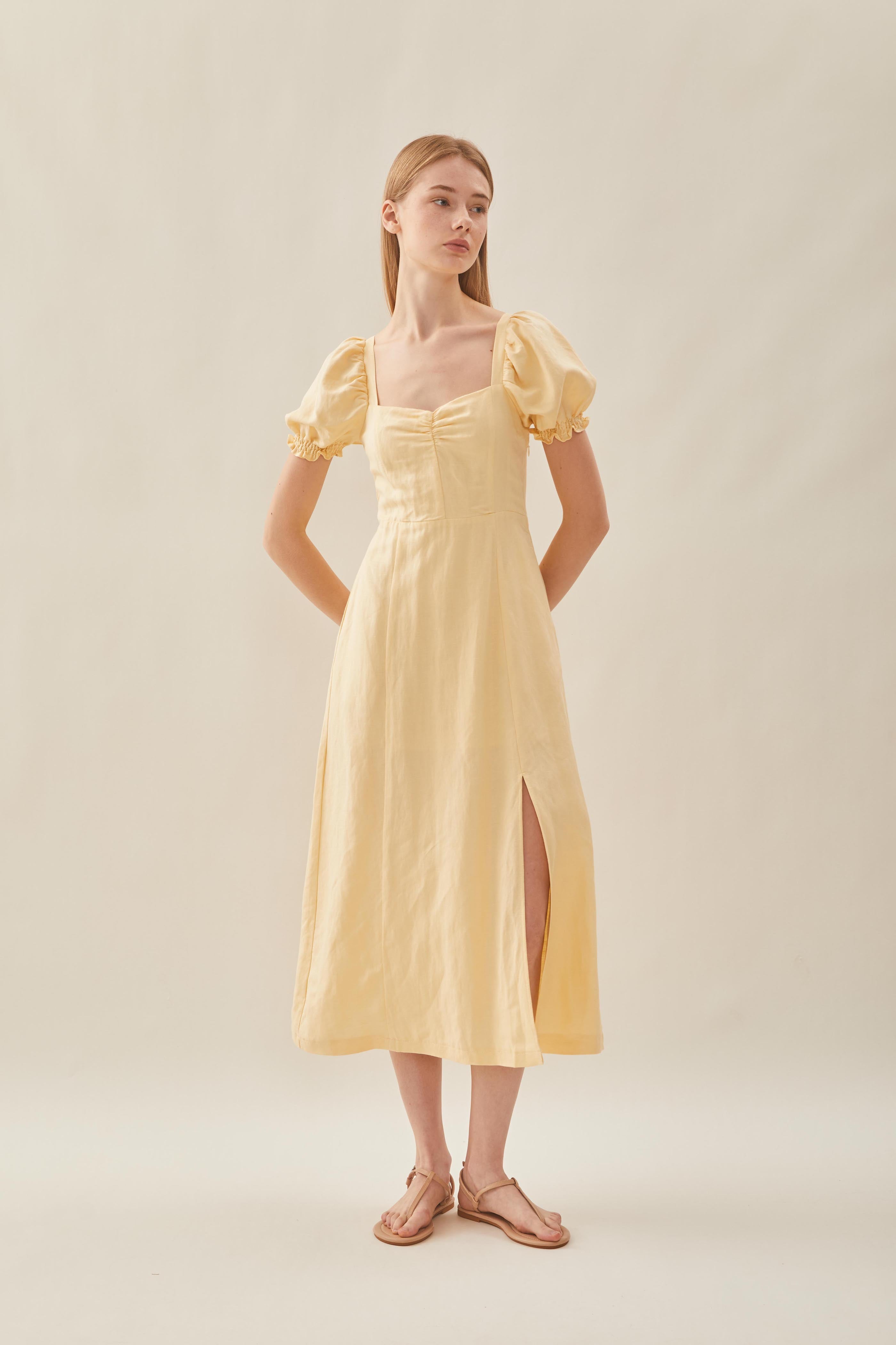 Puffed Sleeve Dress in Pale Yellow