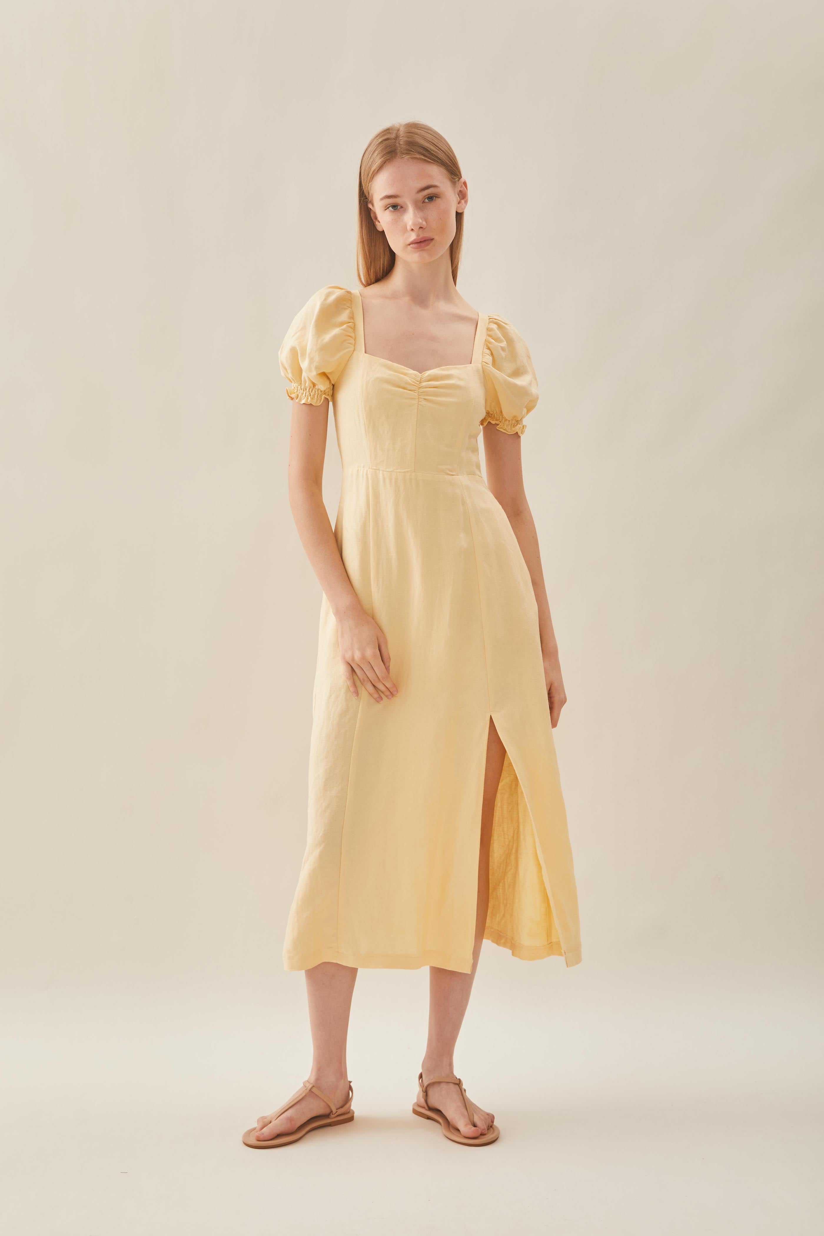 Puffed Sleeve Dress in Pale Yellow