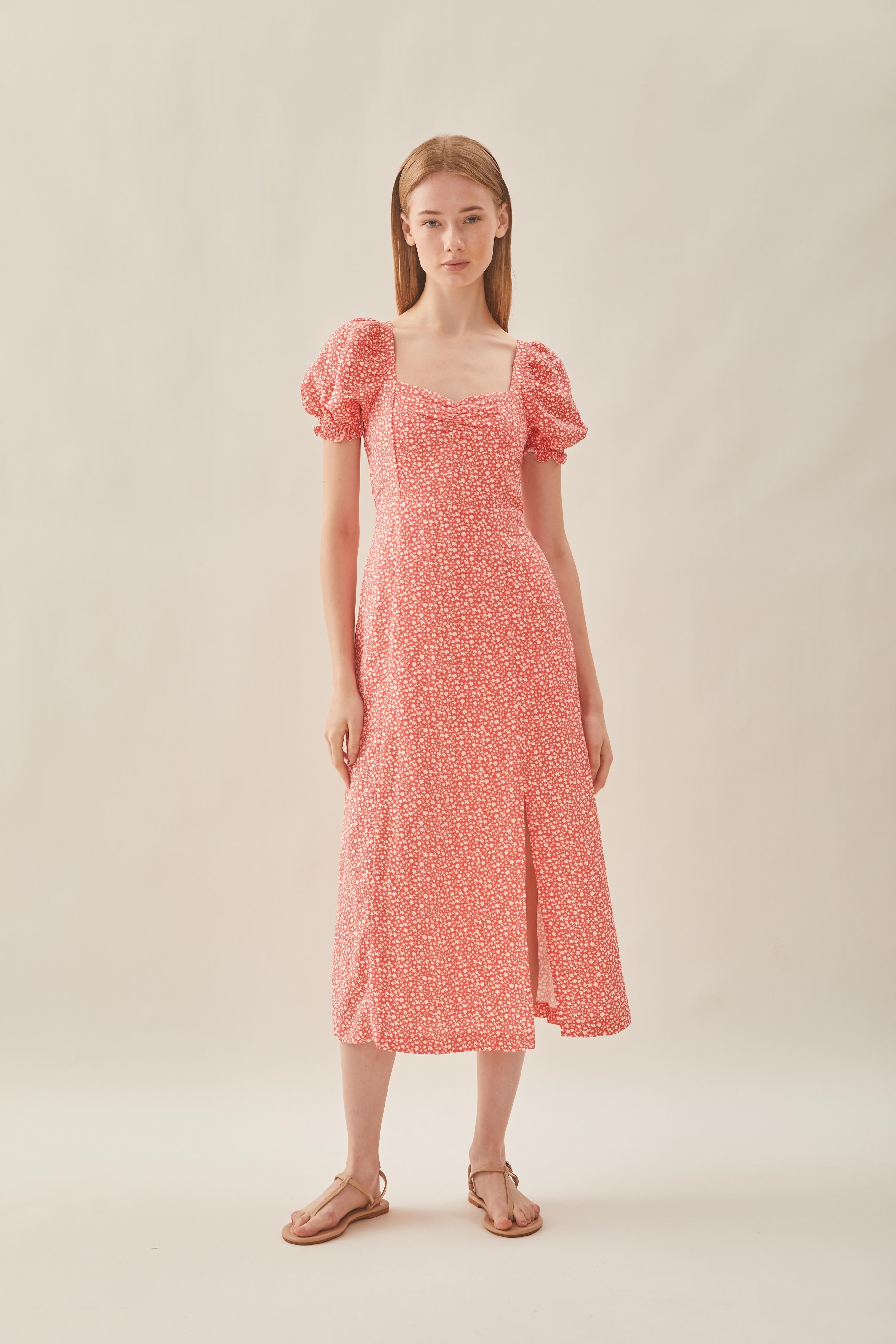Puffed Sleeve Dress in Red Bloom