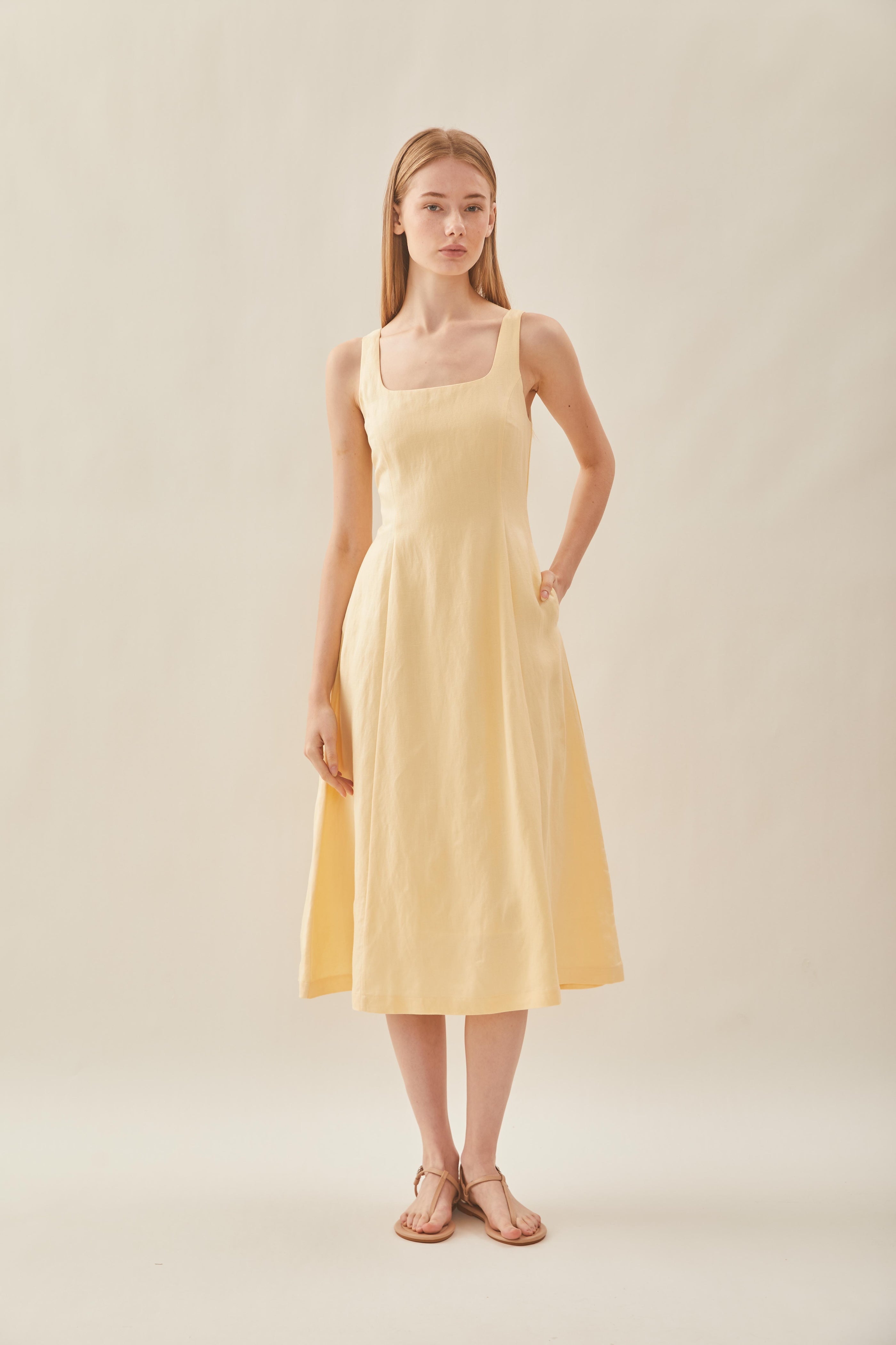 Scoop Neck Flare Dress in Pale Yellow