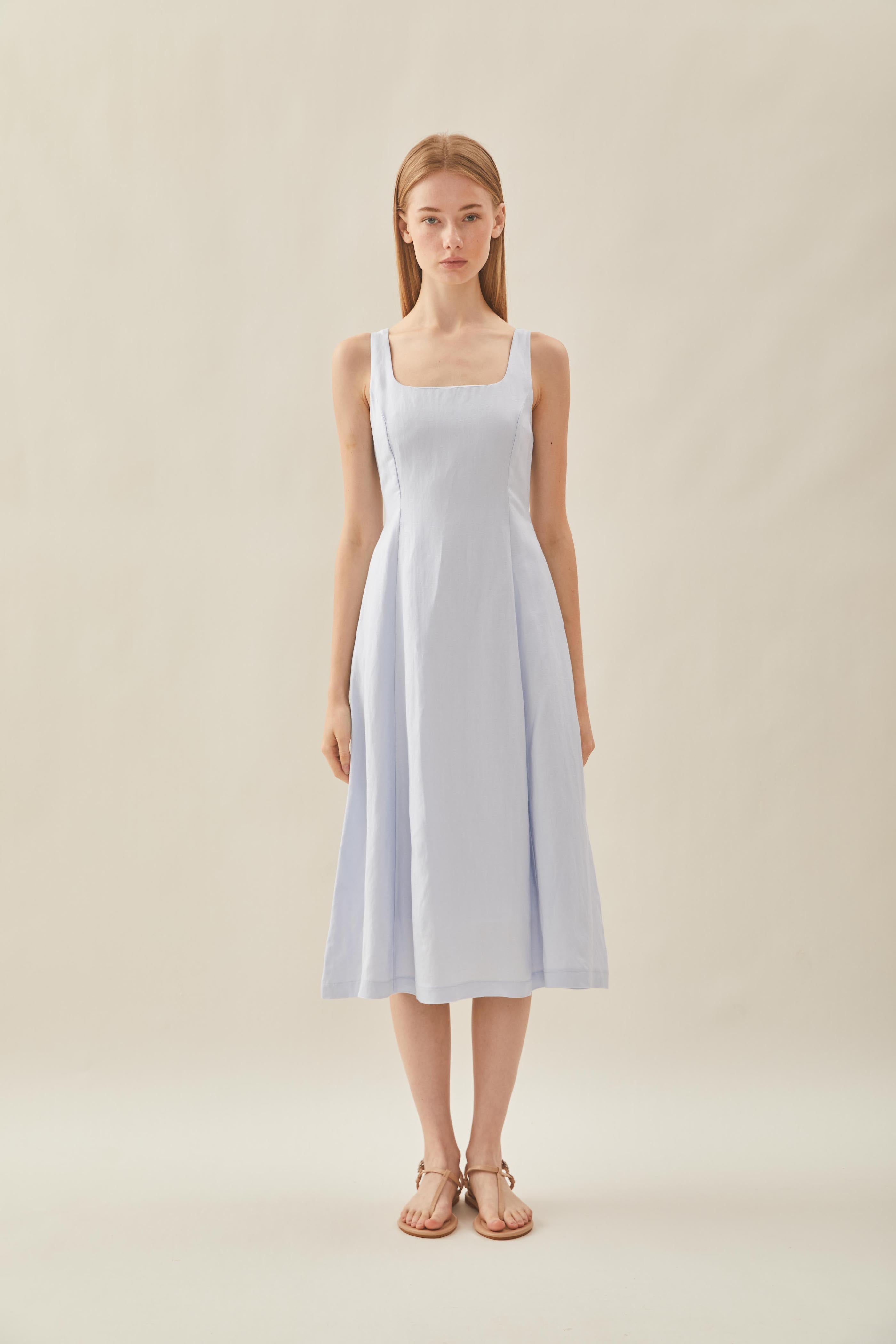 Scoop Neck Flare Dress in Mist Blue