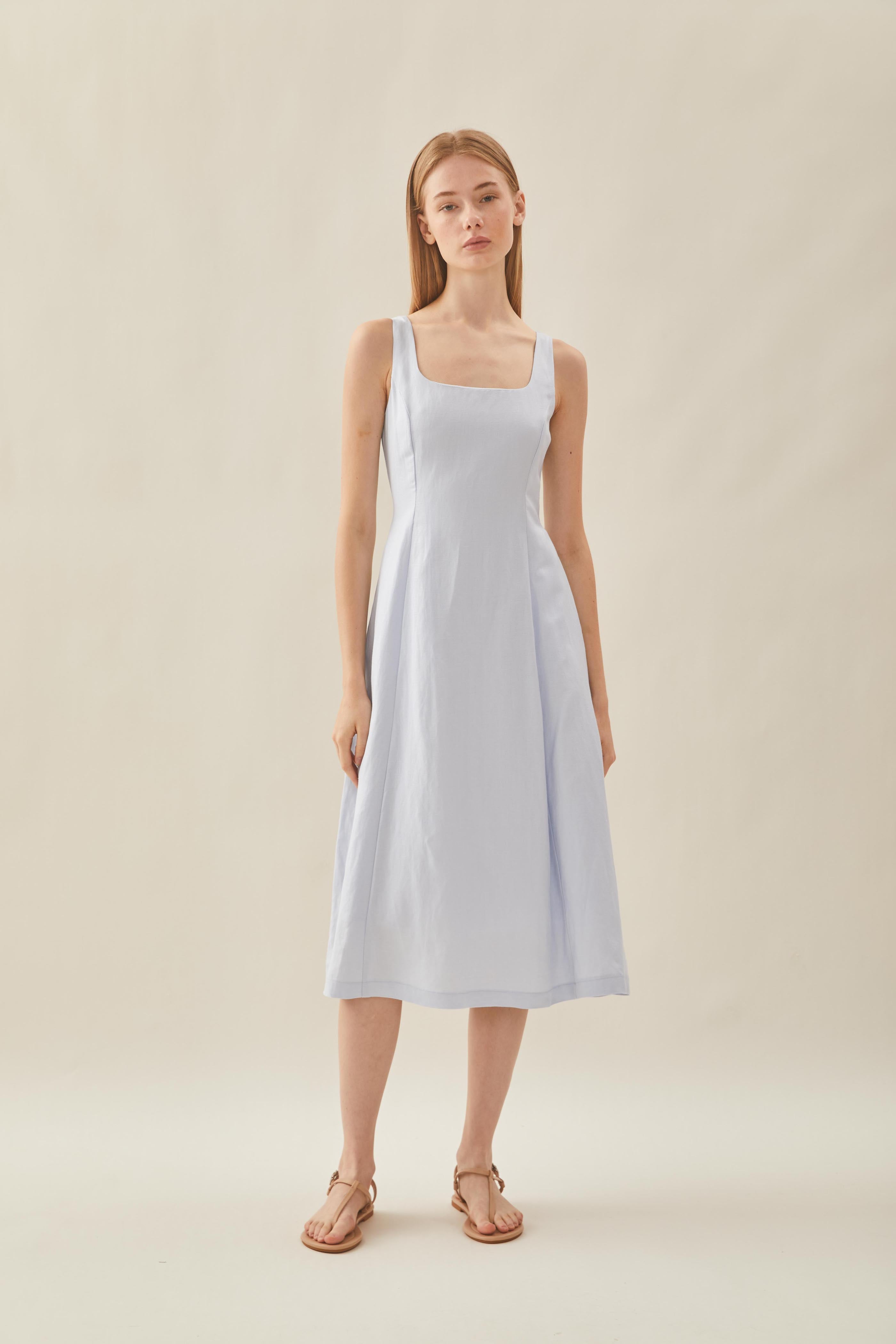 Scoop Neck Flare Dress in Mist Blue