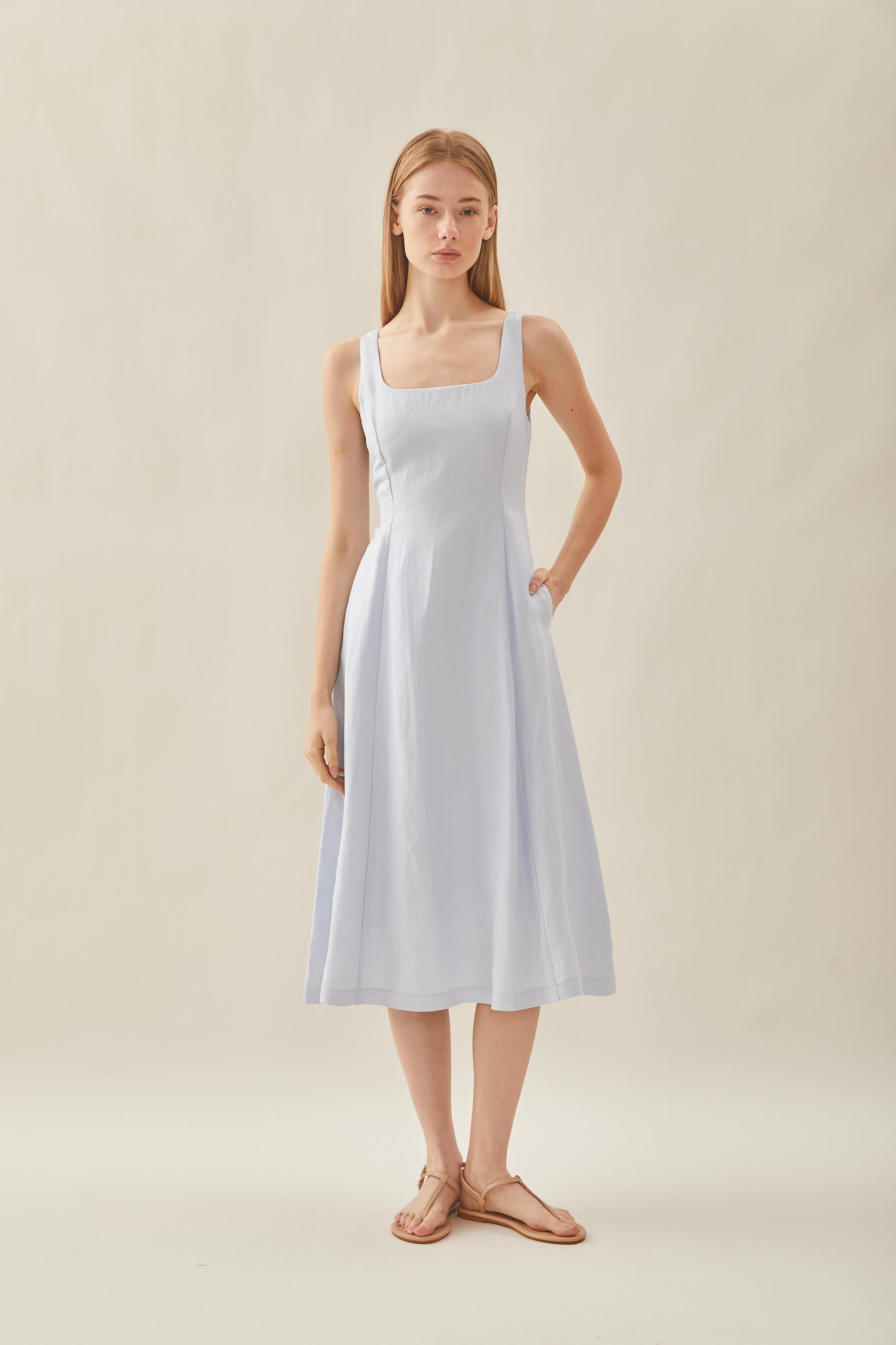 Scoop Neck Flare Dress in Mist Blue