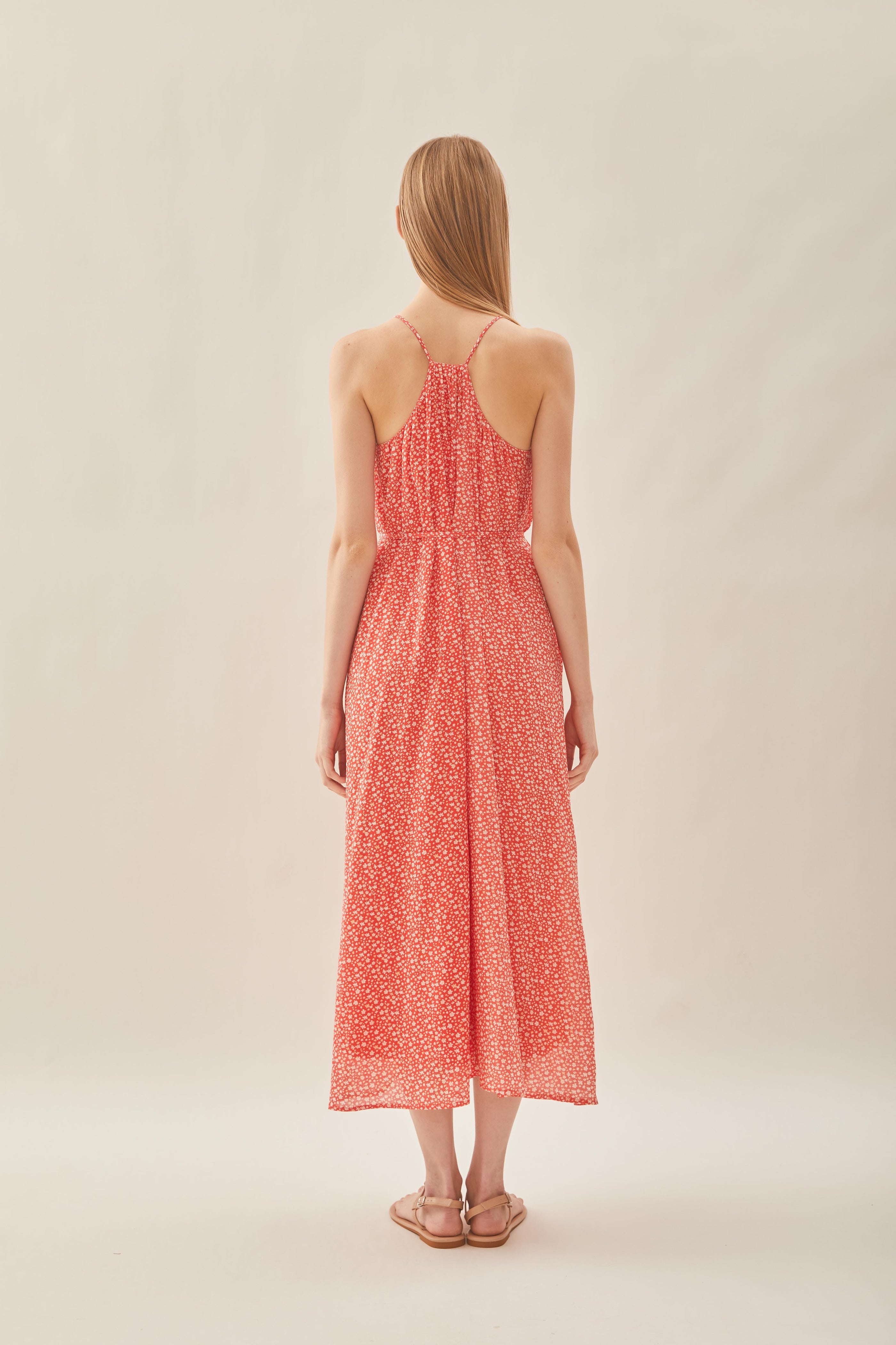Halter Midi Dress in Red Bloom